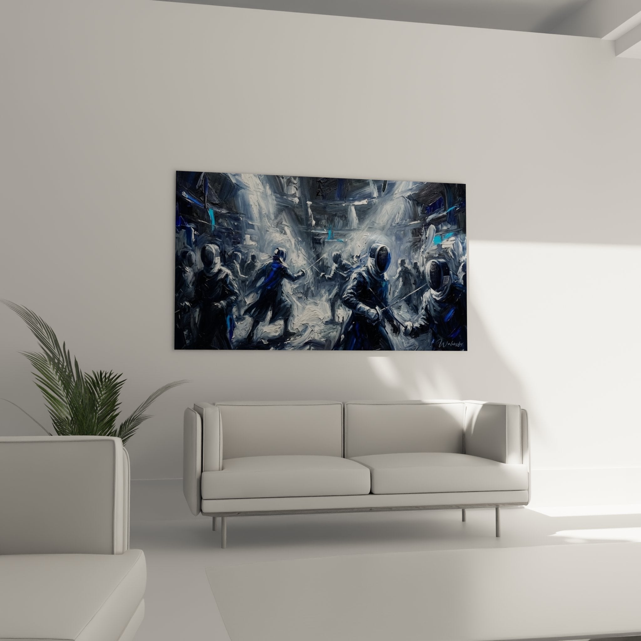 Détail tableau escrime montrant la technique picturale et les mouvements fluides des escrimeurs en duel