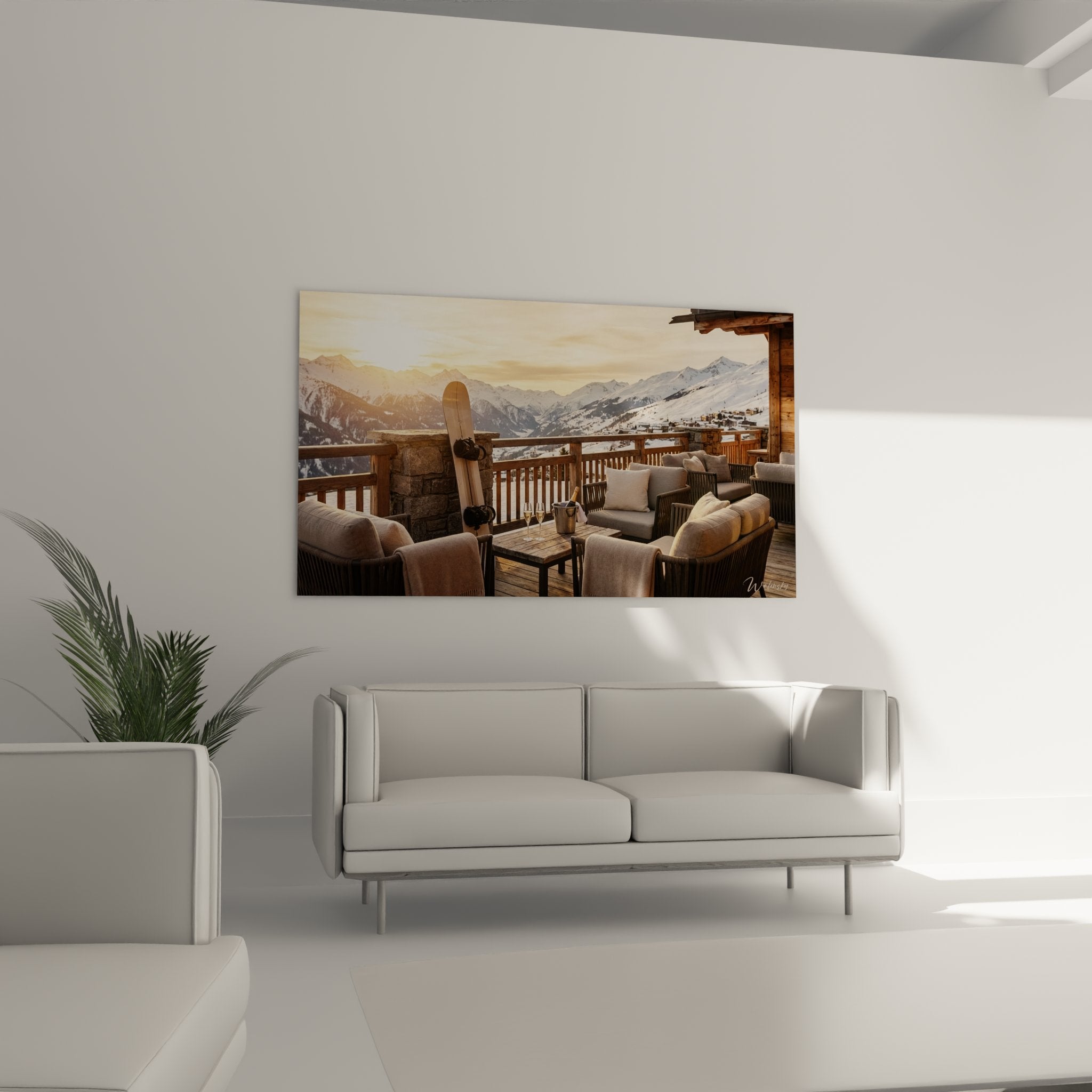 Détail tableau terrasse chalet: fauteuils beiges, champagne et snowboard contre rambarde bois montagne