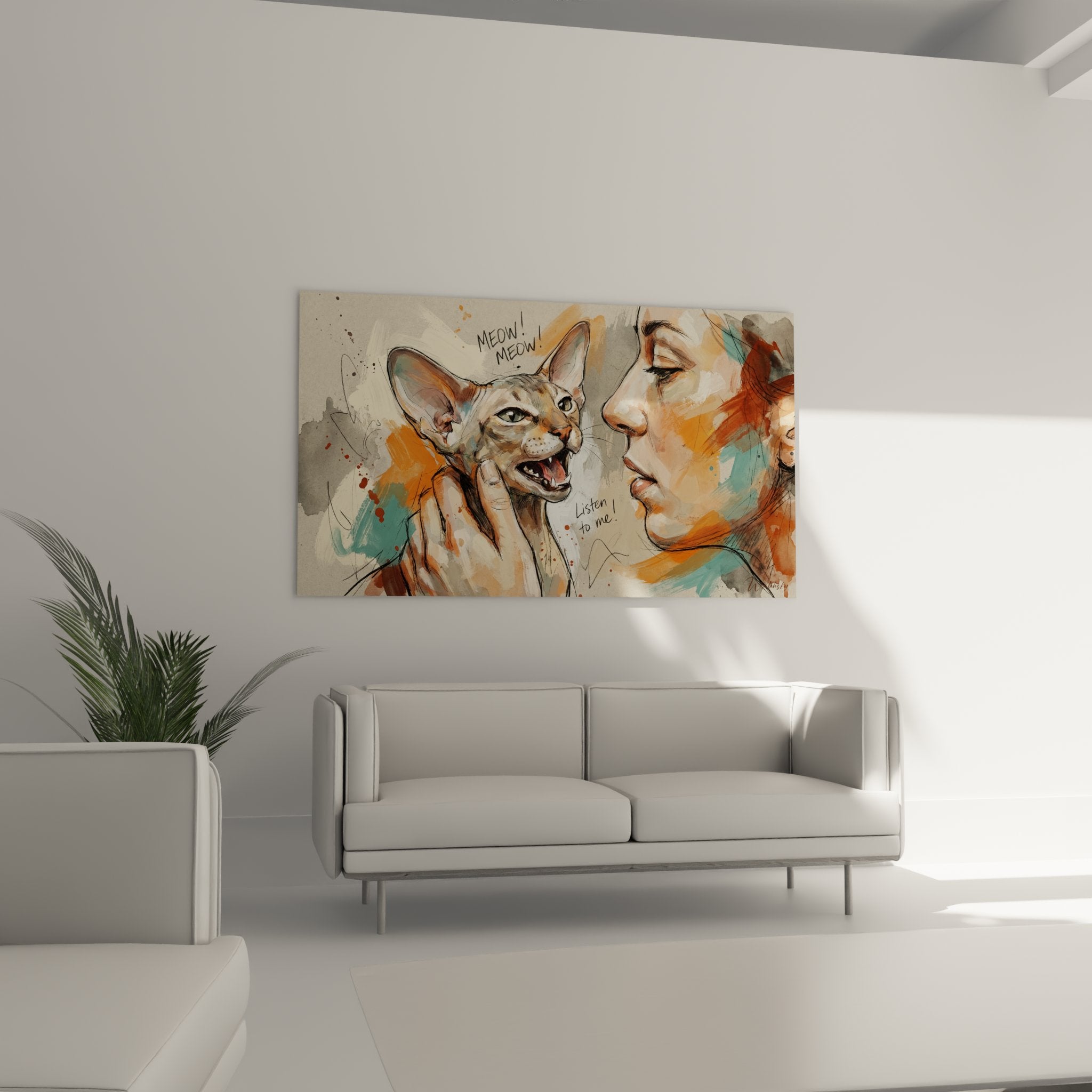 Dettaglio del quadro gatto Peterbald che mostra le espressioni facciali tenere e la tecnica pittorica raffinata