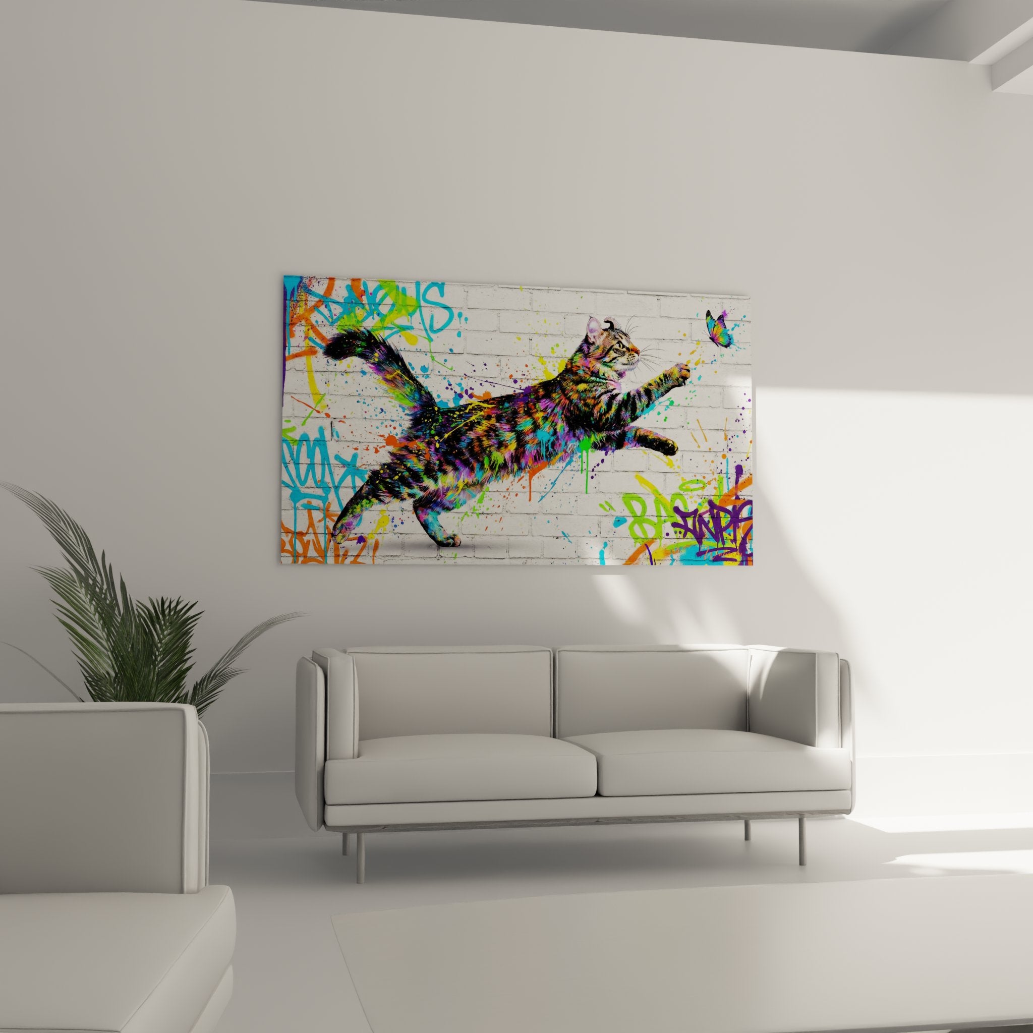 Close-up detail of American Curl cat in vibrant graffiti style with paint splashes