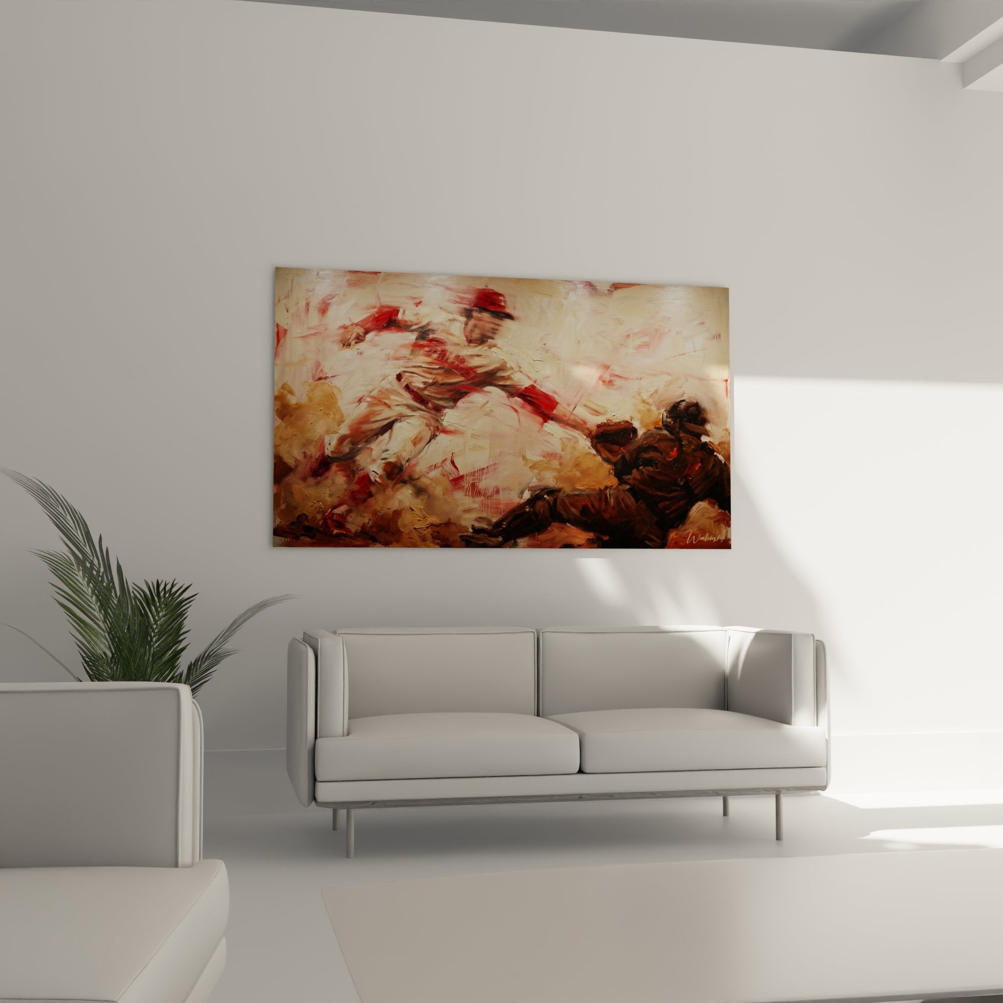 Detail tableau baseball peinture abstraite coups pinceau dynamiques textures couleurs chaudes