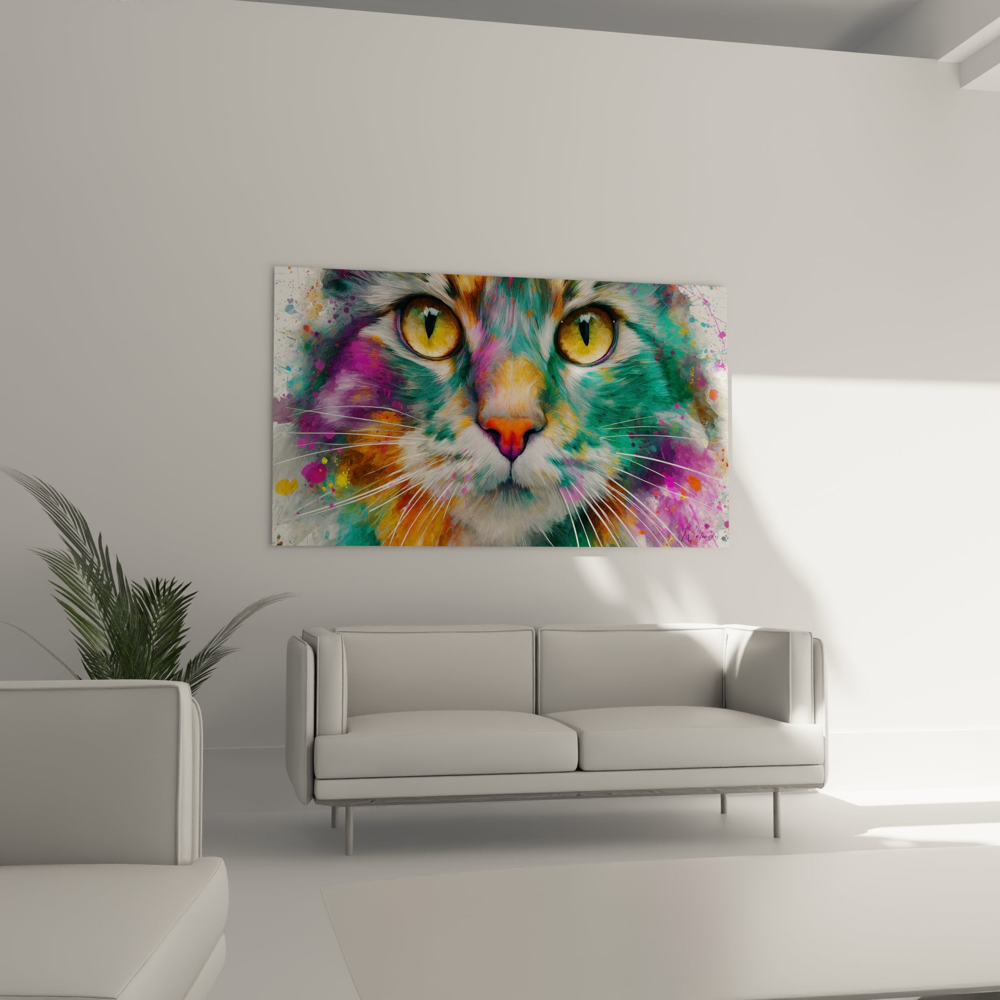 Gros plan portrait artistique chat American Bobtail yeux dorés détails moustaches blanches peinture abstraite