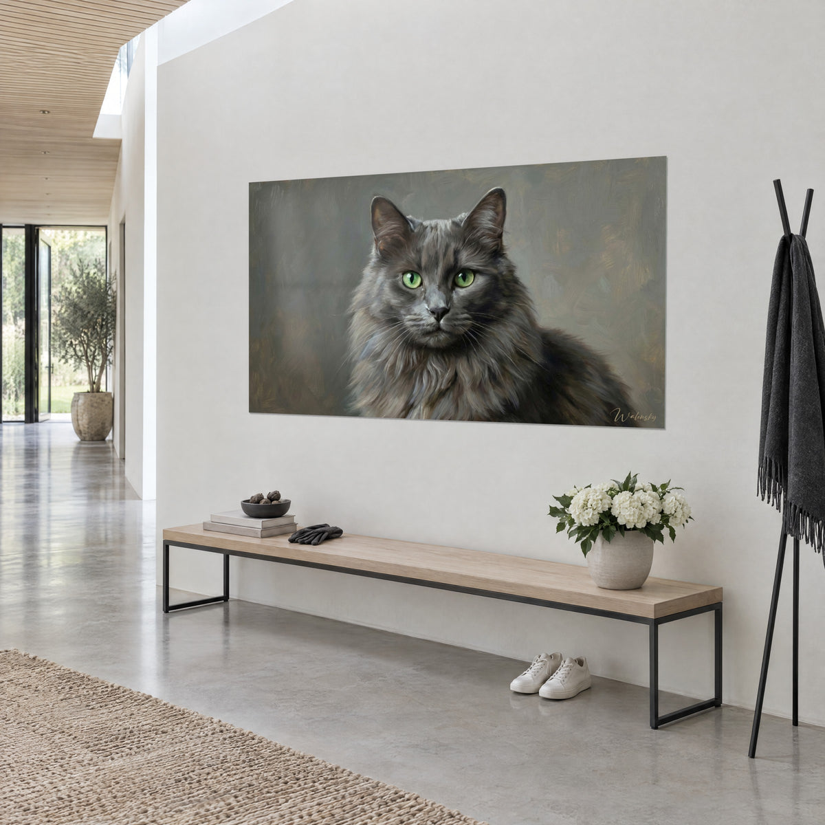 Wall art charcoal grey feline with emerald gaze, weathered taupe background, three-quarter view on a white hallway wall