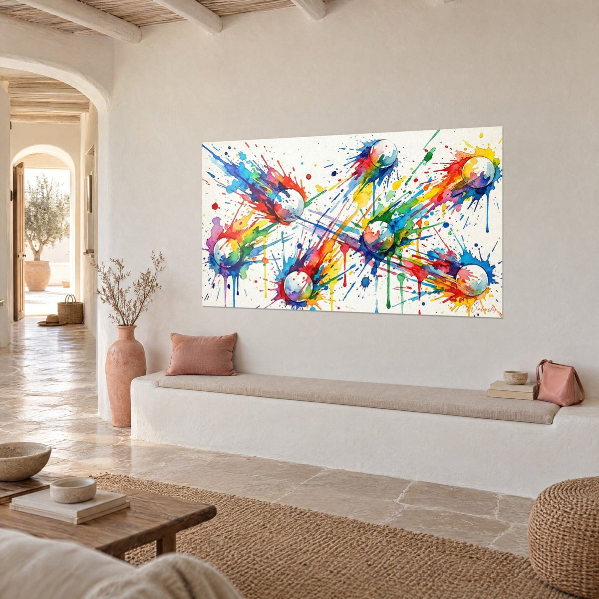 Wall art watercolor of rainbow comets trailing yellow and green on a white background, white plaster bench