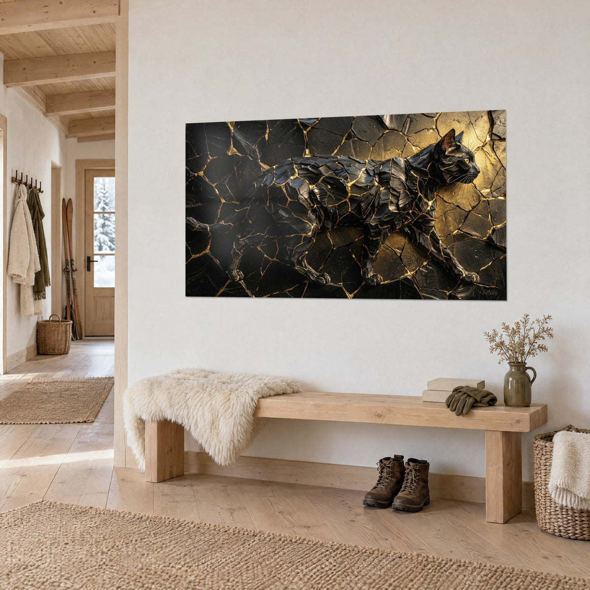 Wall art obsidian cat with shimmering scales, gold veins on black, hung above a wooden chalet bench