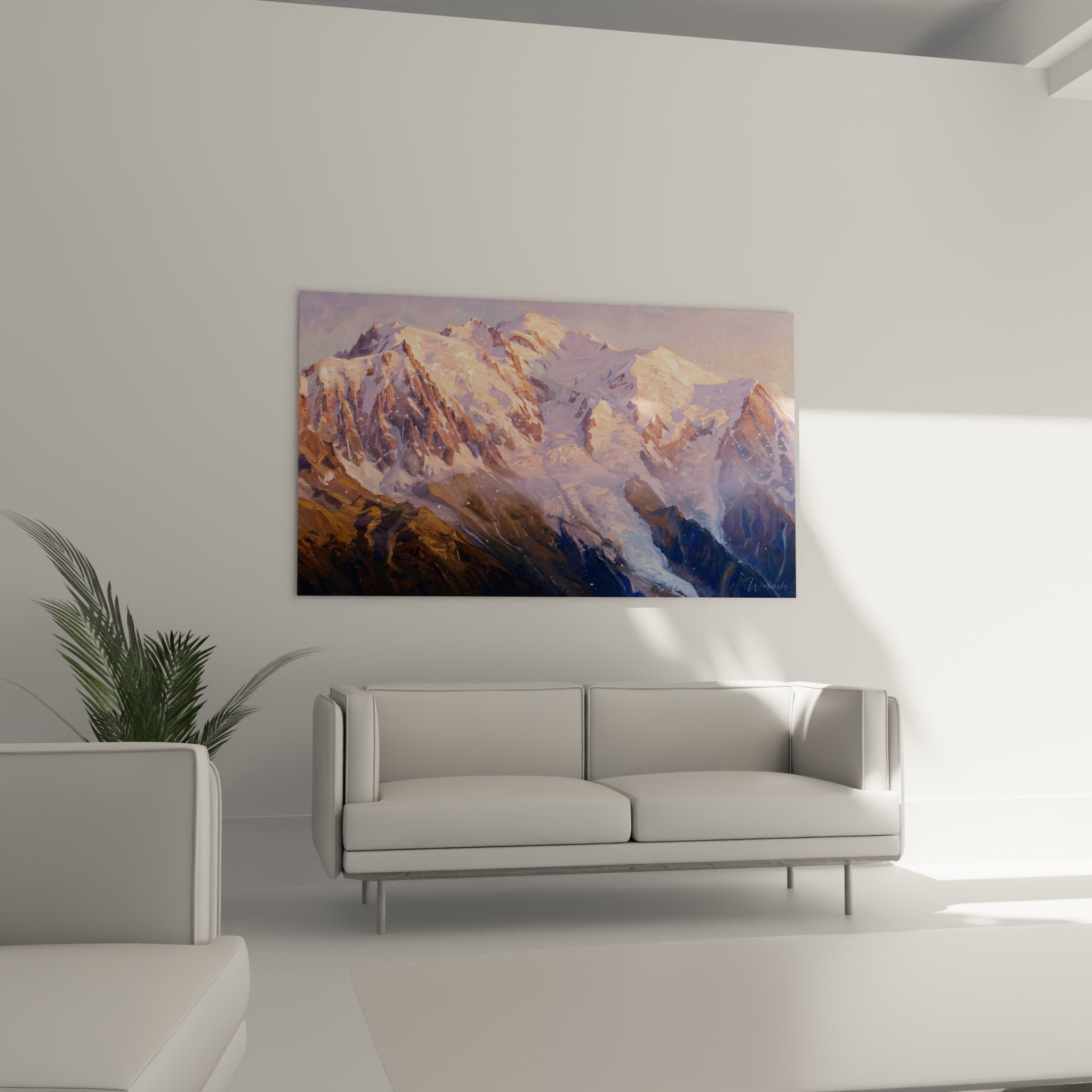 Detail Gemälde Mont Blanc mit malerischer Technik goldener Lichter auf verschneiten Felskanten