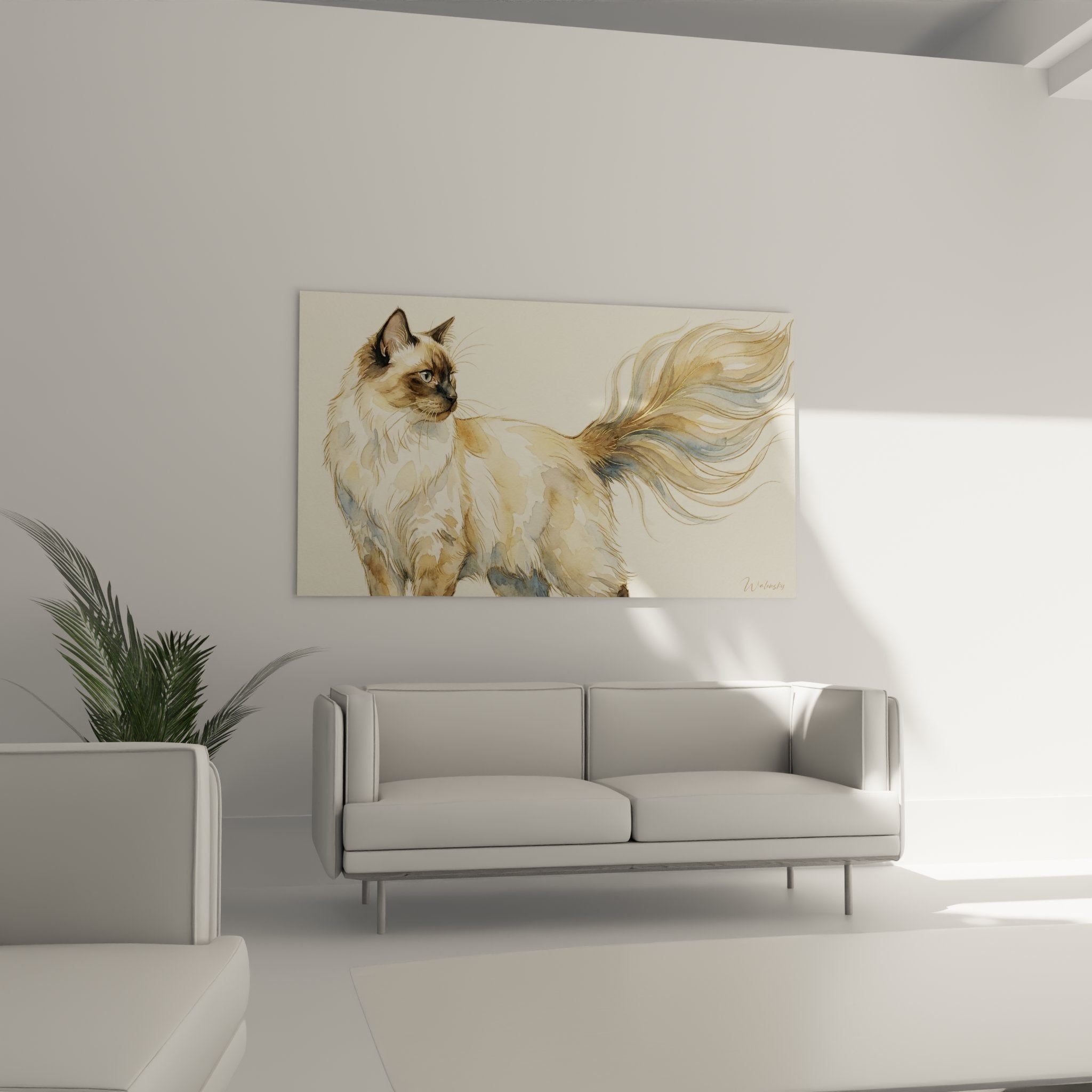 Détail aquarelle chat Balinais montrant texture pelage soyeux et regard bleu intense expressif