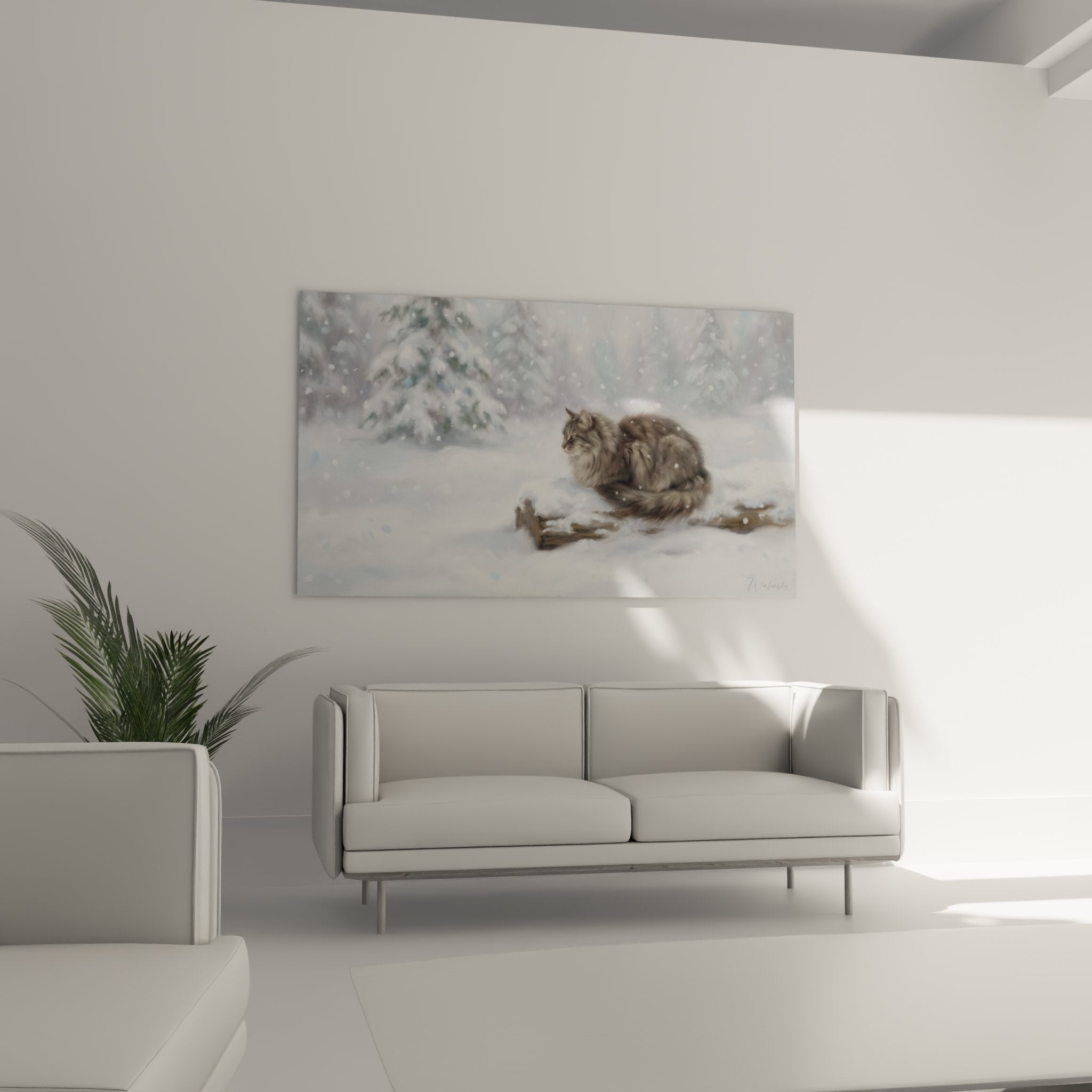 Nahaufnahme Gemälde Norwegische Waldkatze dichtes braun-graues Fell majestätische Pose auf schneebedecktem Holz