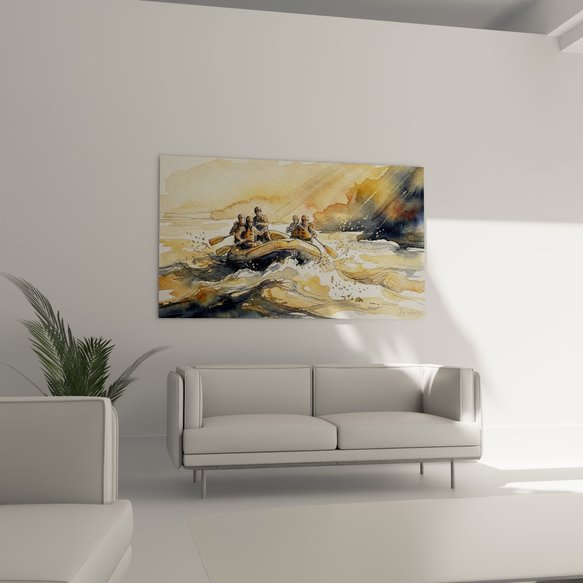 Close-up detail of rafting painting showcasing watercolor technique, whitewater textures and fine artistic brushstrokes