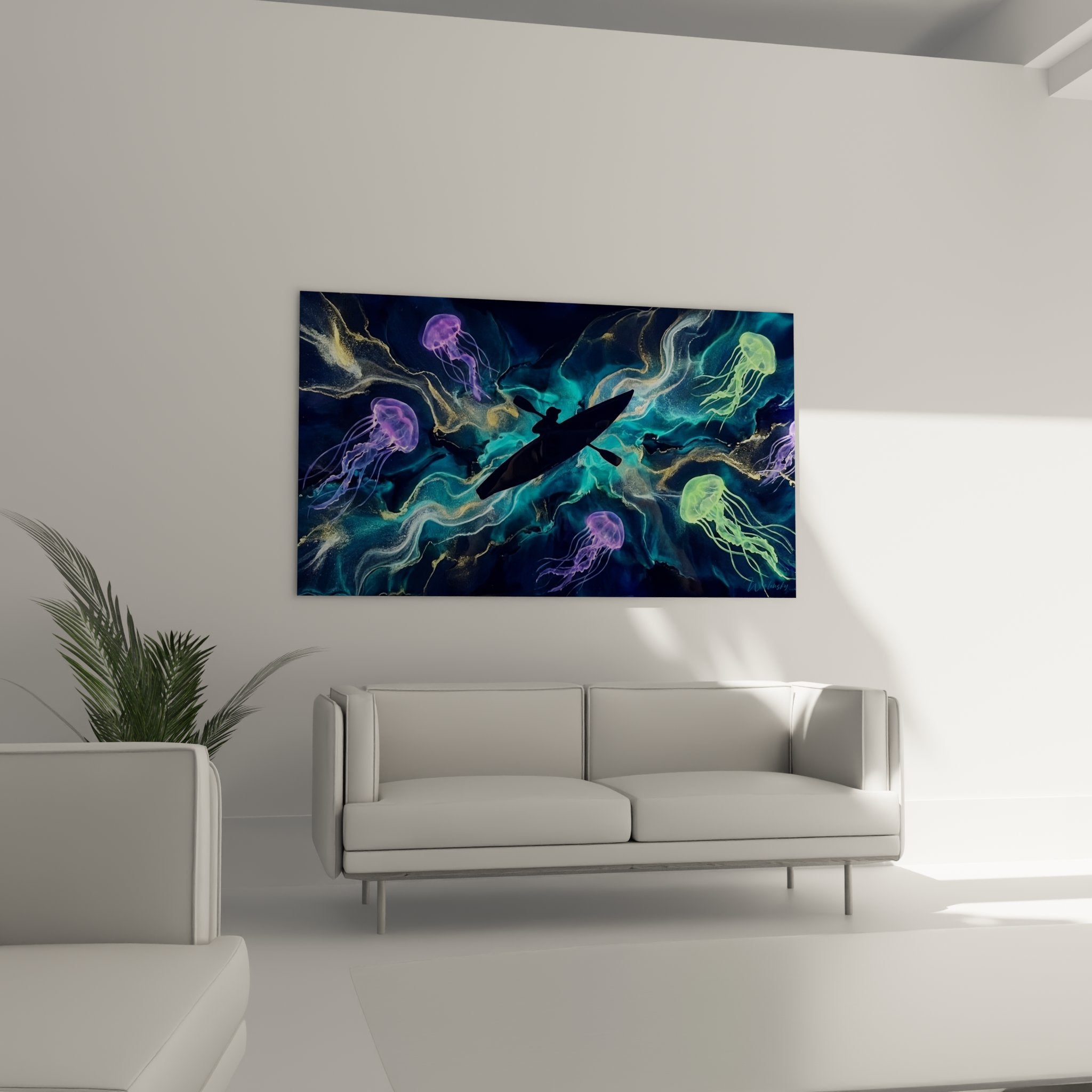 Gros plan sur les details du tableau kayak montrant les meduses violettes et vertes bioluminescentes