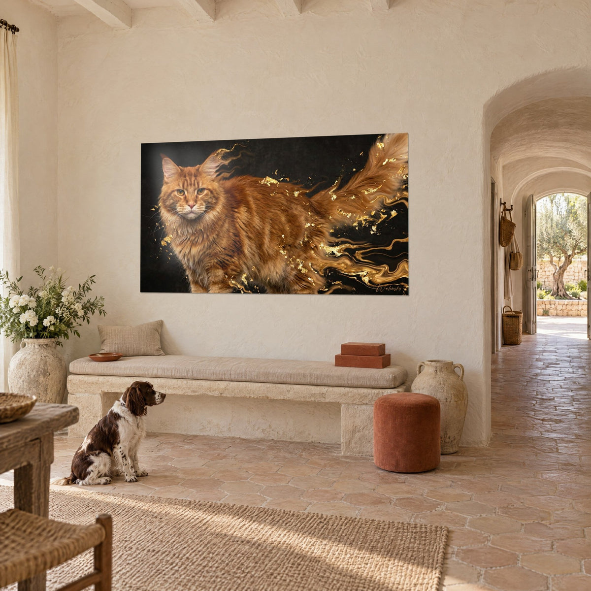 Quadro di un soriano arancione dagli occhi ambrati, code di nastri dorati su fondo carbone, masseria provenzale, spaniel sdraiato a terra