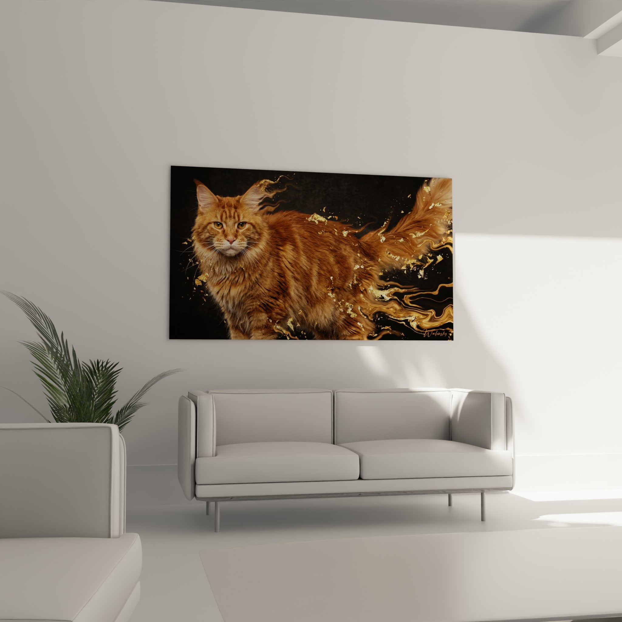 Dettaglio ravvicinato del quadro Maine Coon rosso che mostra la texture del mantello e gli effetti dorati artistici