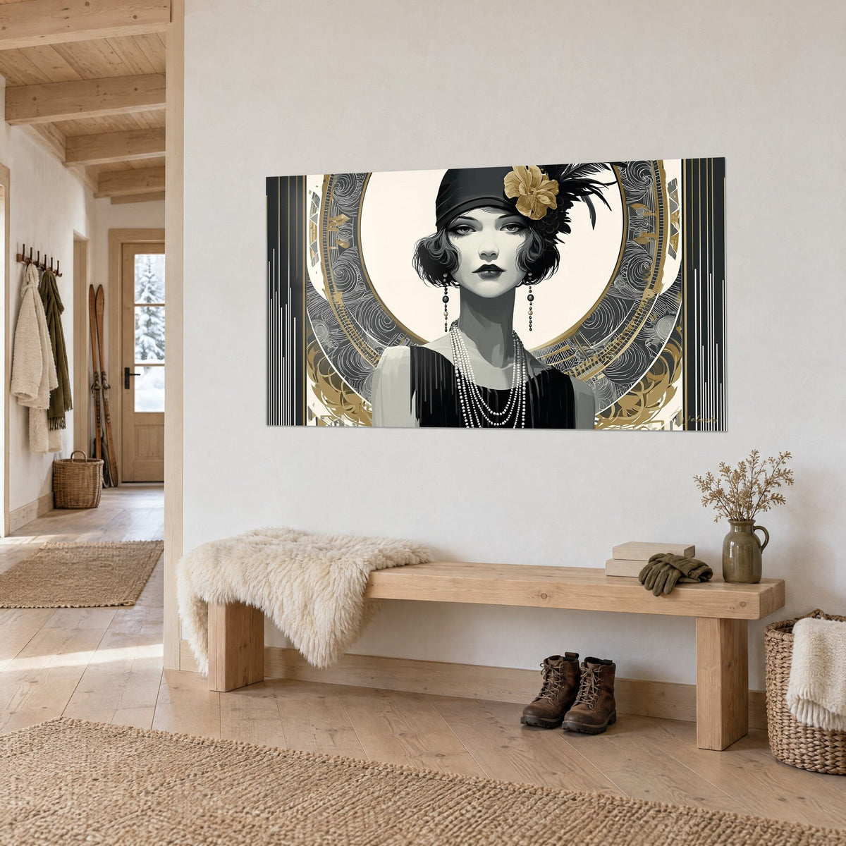 Tableau portrait années folles, regard sombre et lèvres noires, médaillon doré sur fond crème, en vue de trois-quarts sur un mur de chalet