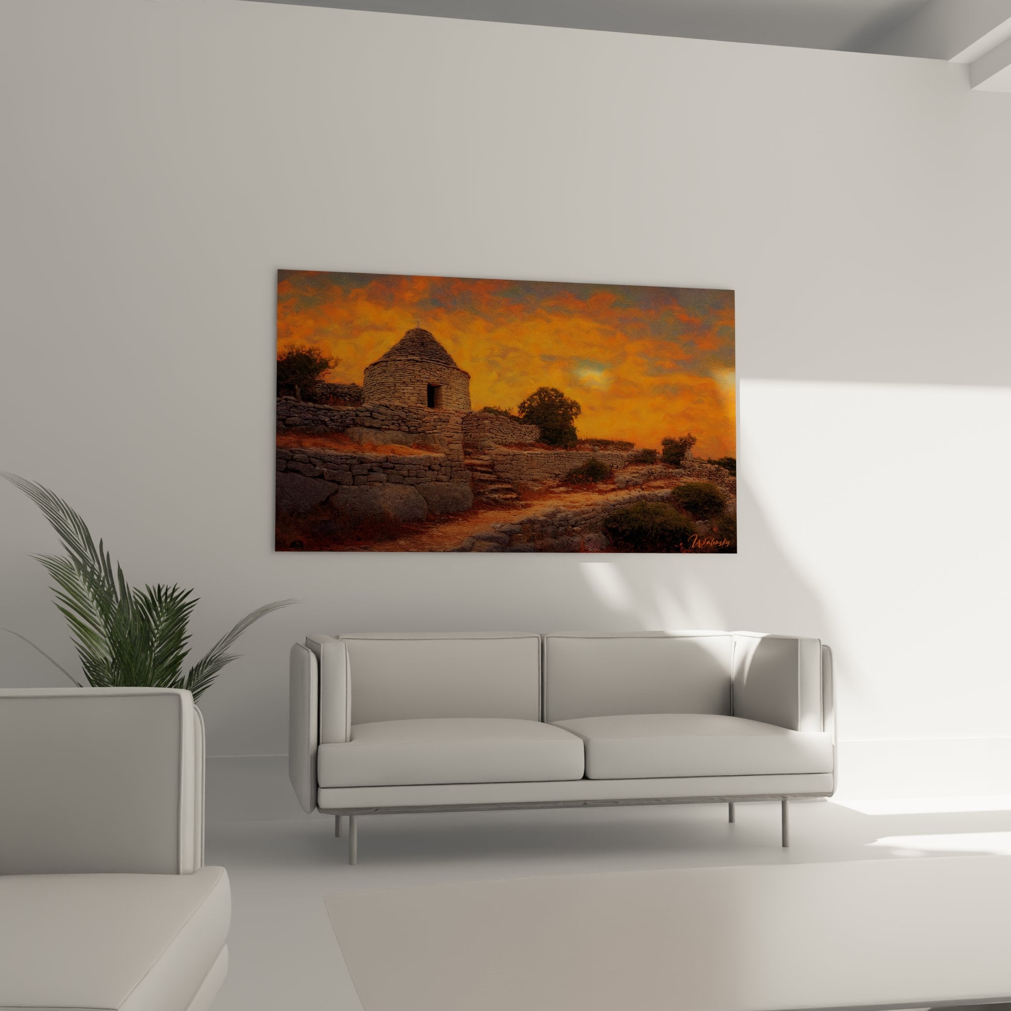 Détail rapproché du tableau montrant la texture de la borie en pierre sèche et les nuances du ciel embrasé