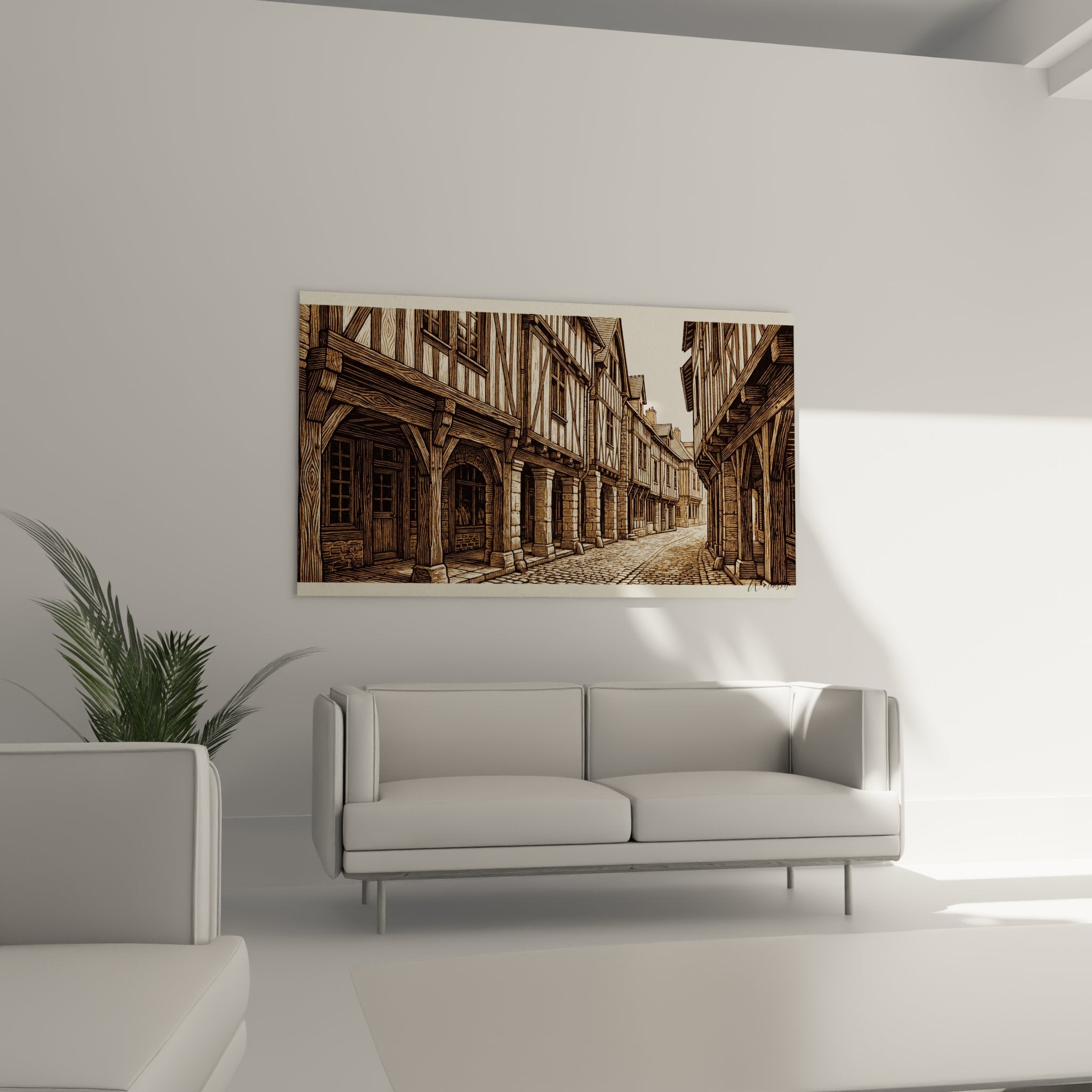 Détail rapproché du tableau montrant les colombages et textures des maisons bretonnes traditionnelles