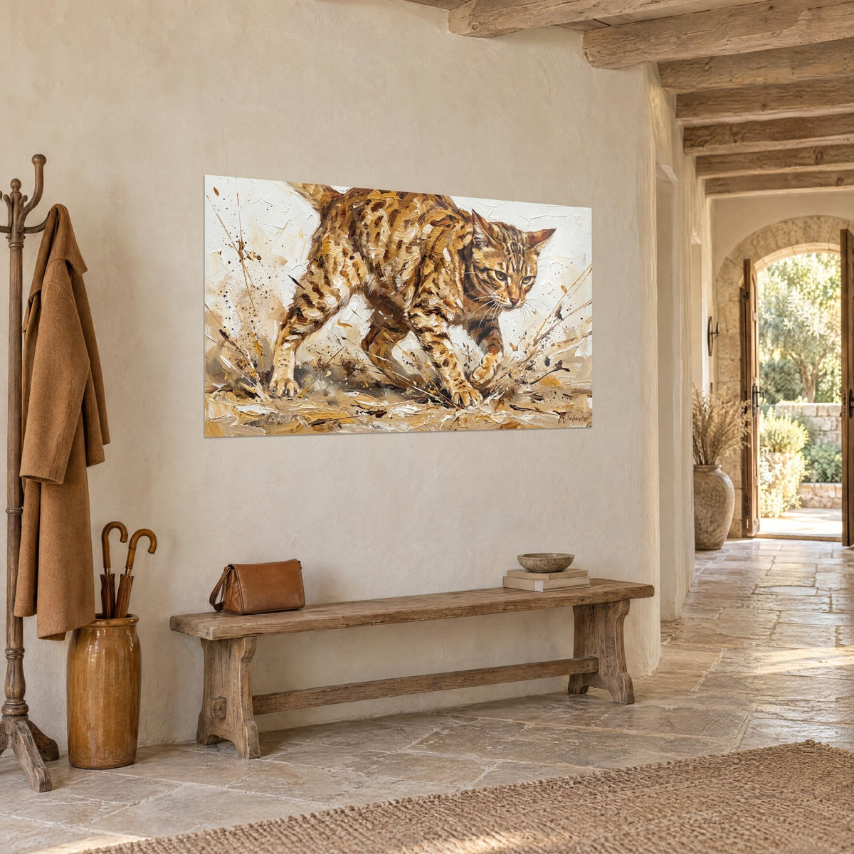 Wall art of an Ocicat with honey and brown spotted coat, mid-stride, three-quarter view in a stone entryway