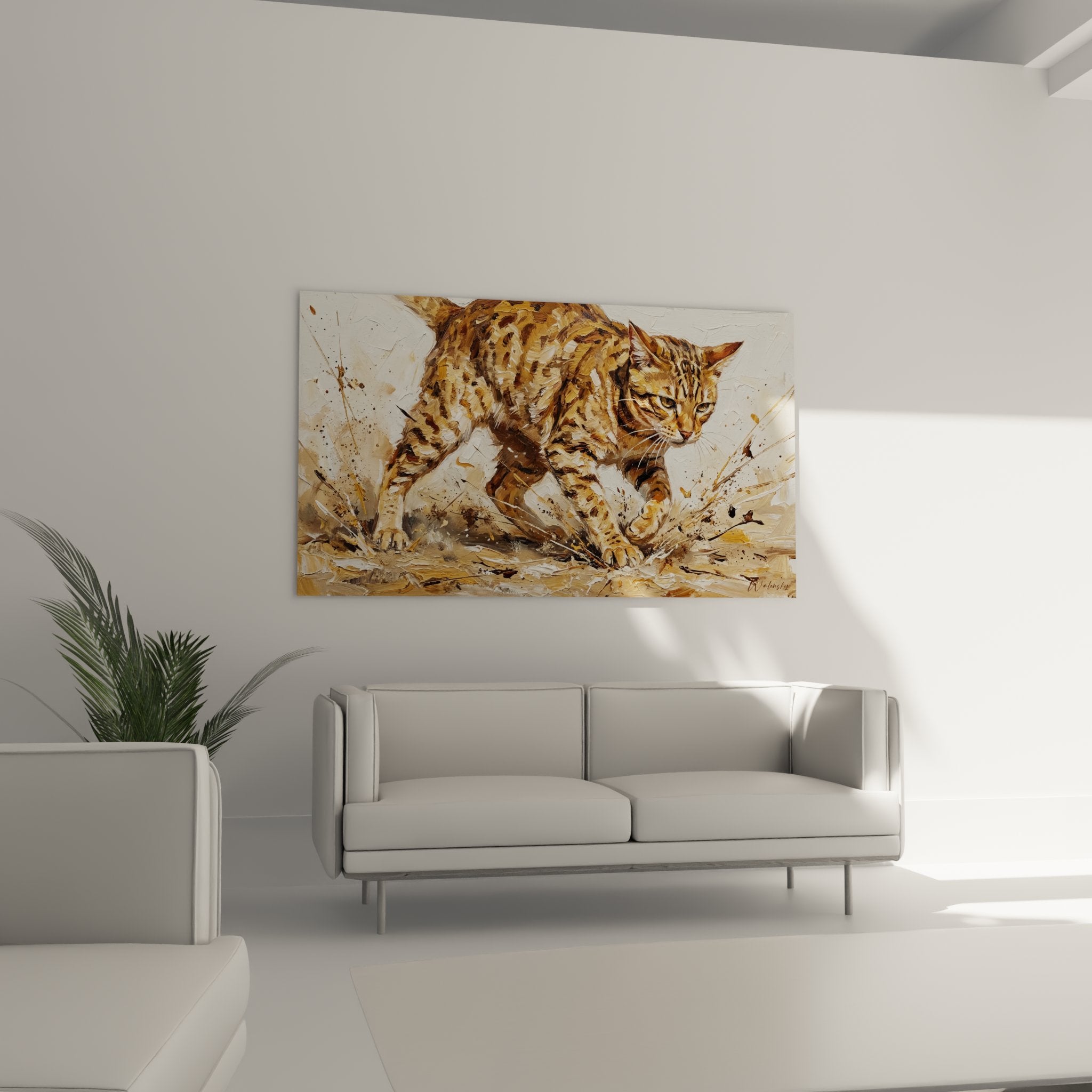 Gros plan sur les details du pelage tachete du chat Ocicat peint avec technique expressionniste