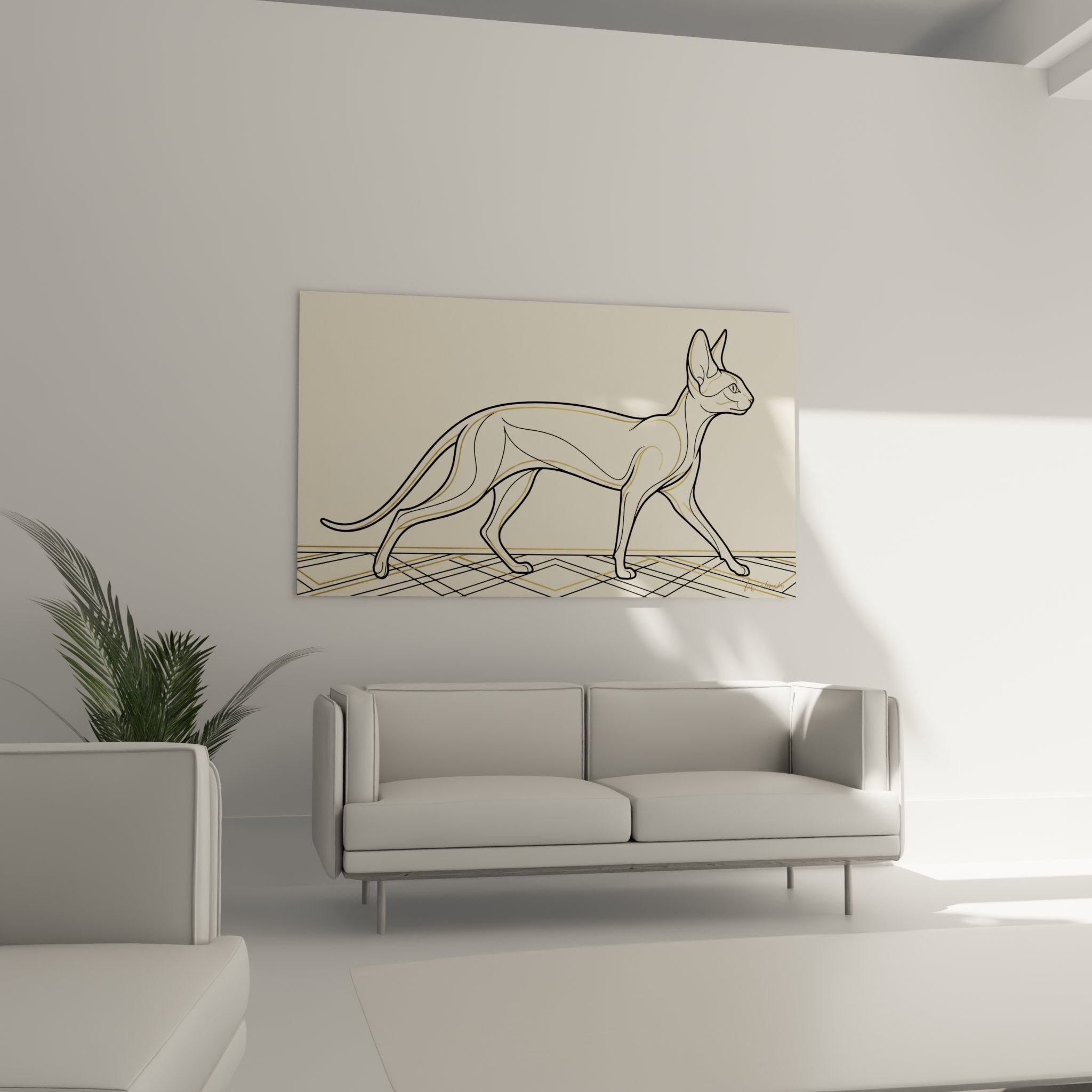 Close-up detail of the Cornish Rex cat artwork showing the refined lines and beige tones of the piece
