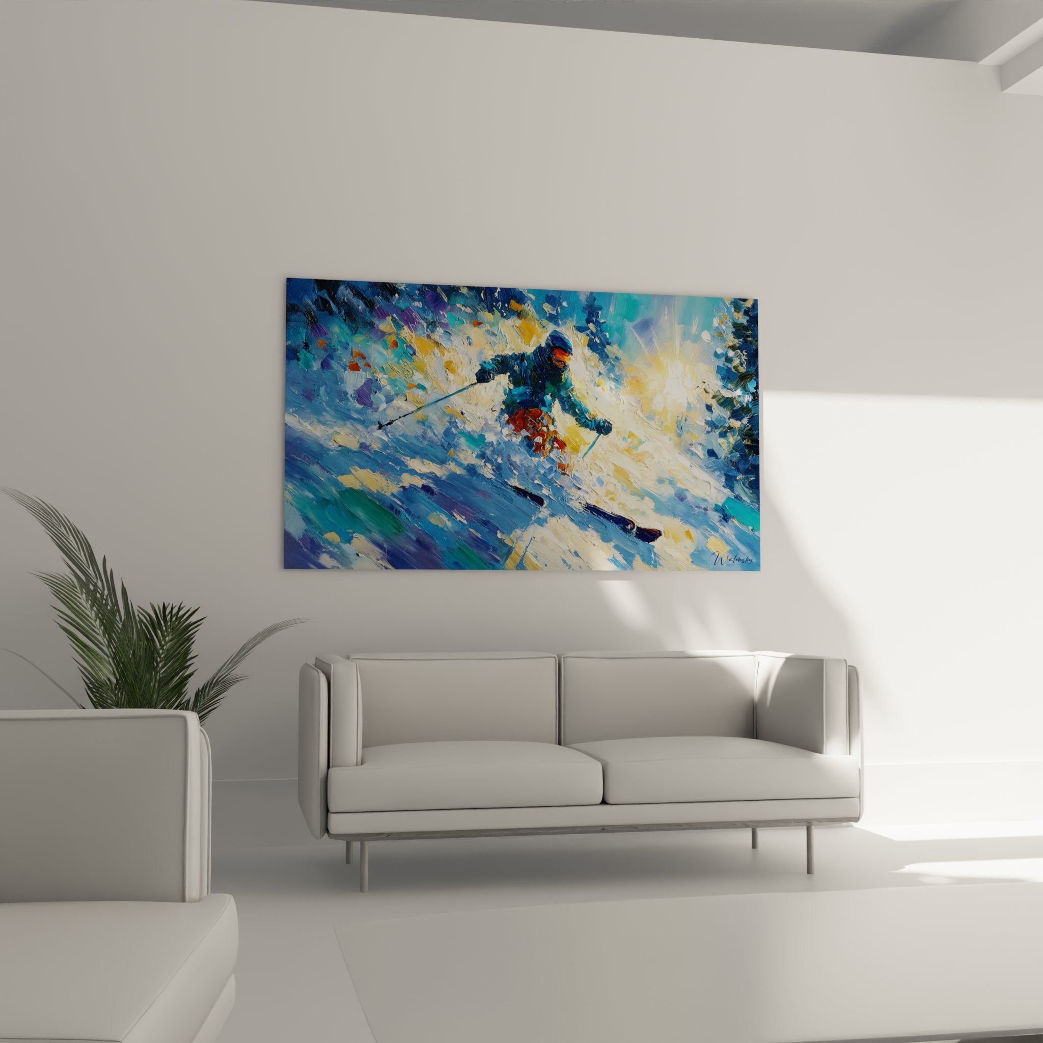 Détail de la peinture skieur montrant les coups de pinceau dynamiques et les couleurs éclatantes de la neige