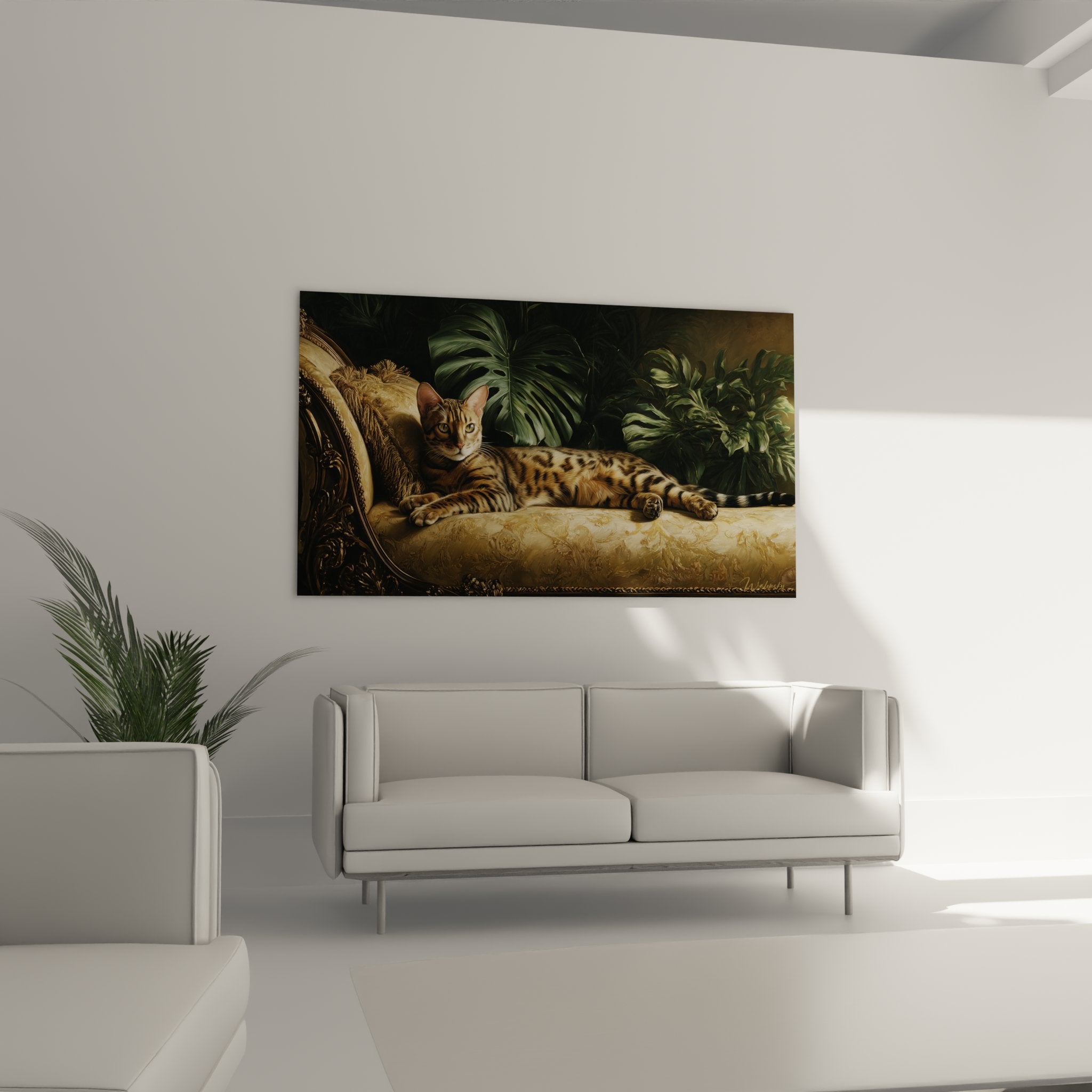 Gros plan tableau chat Bengal pelage tachete realiste details rosettes brunes texture soyeuse rendu artistique