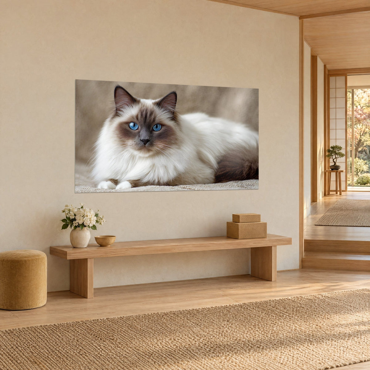 Tableau félin birman couché, regard saphir et fourrure ivoire soyeuse, queue brun cacao, dans une entrée japandi en bois clair