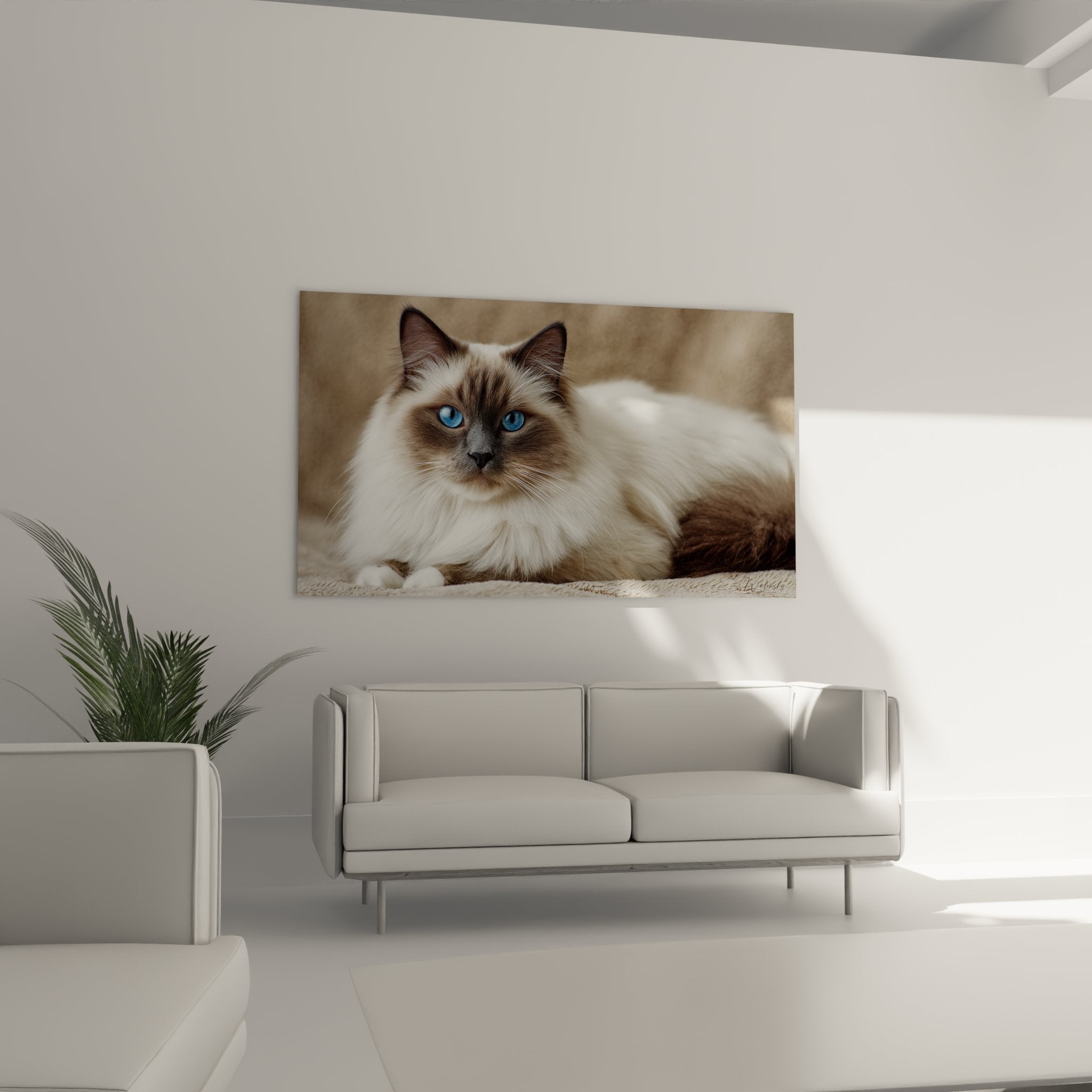 Primo piano occhi blu gatto birmano su quadro murale, dettagli mantello setoso, arte animale alta qualità