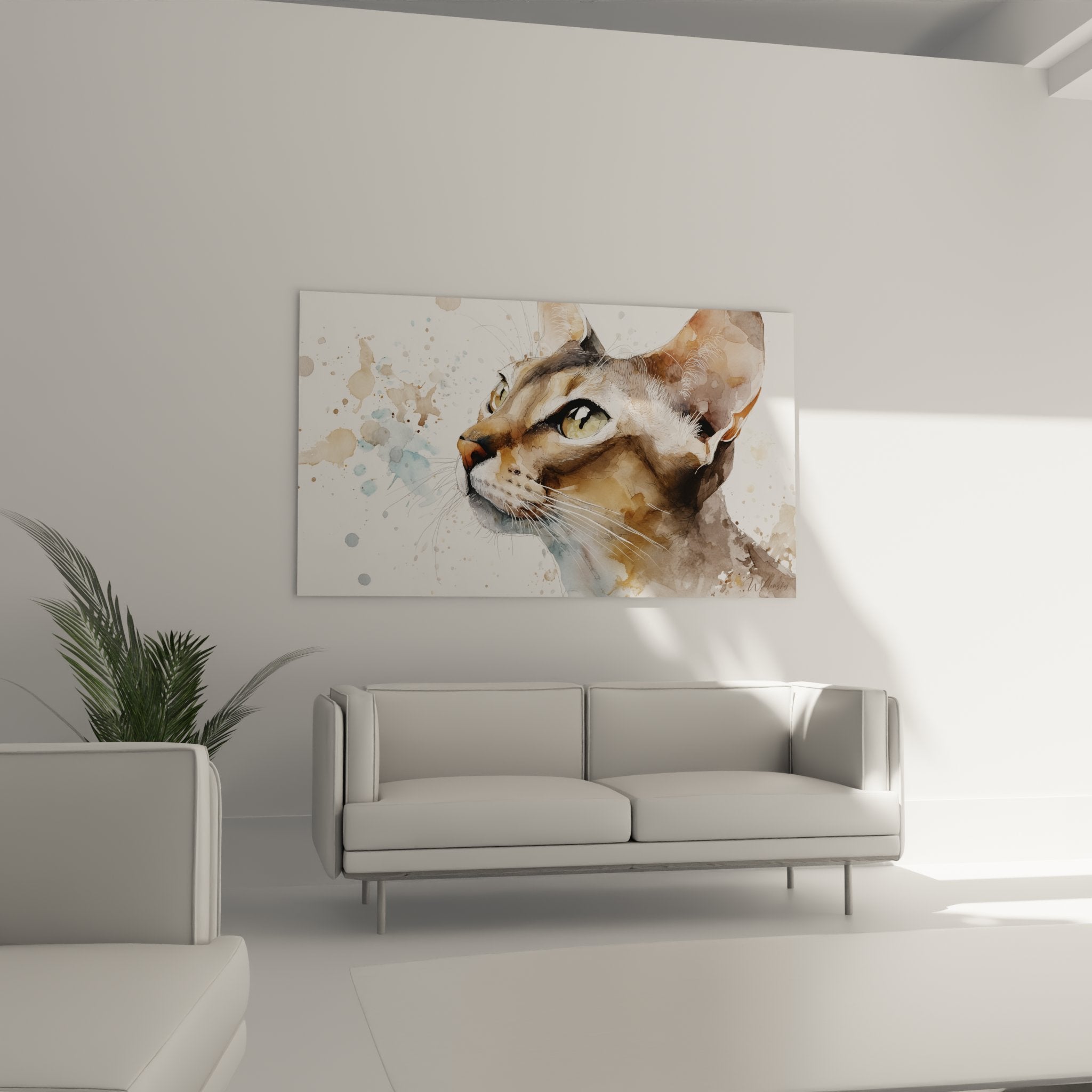 Gros plan portrait aquarelle chat Singapura montrant details yeux verts et technique peinture