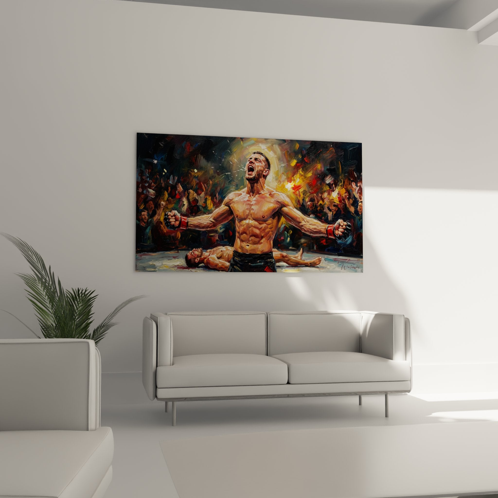 Detail du tableau MMA montrant le visage expressif du combattant et ses gants rouges en gros plan artistique