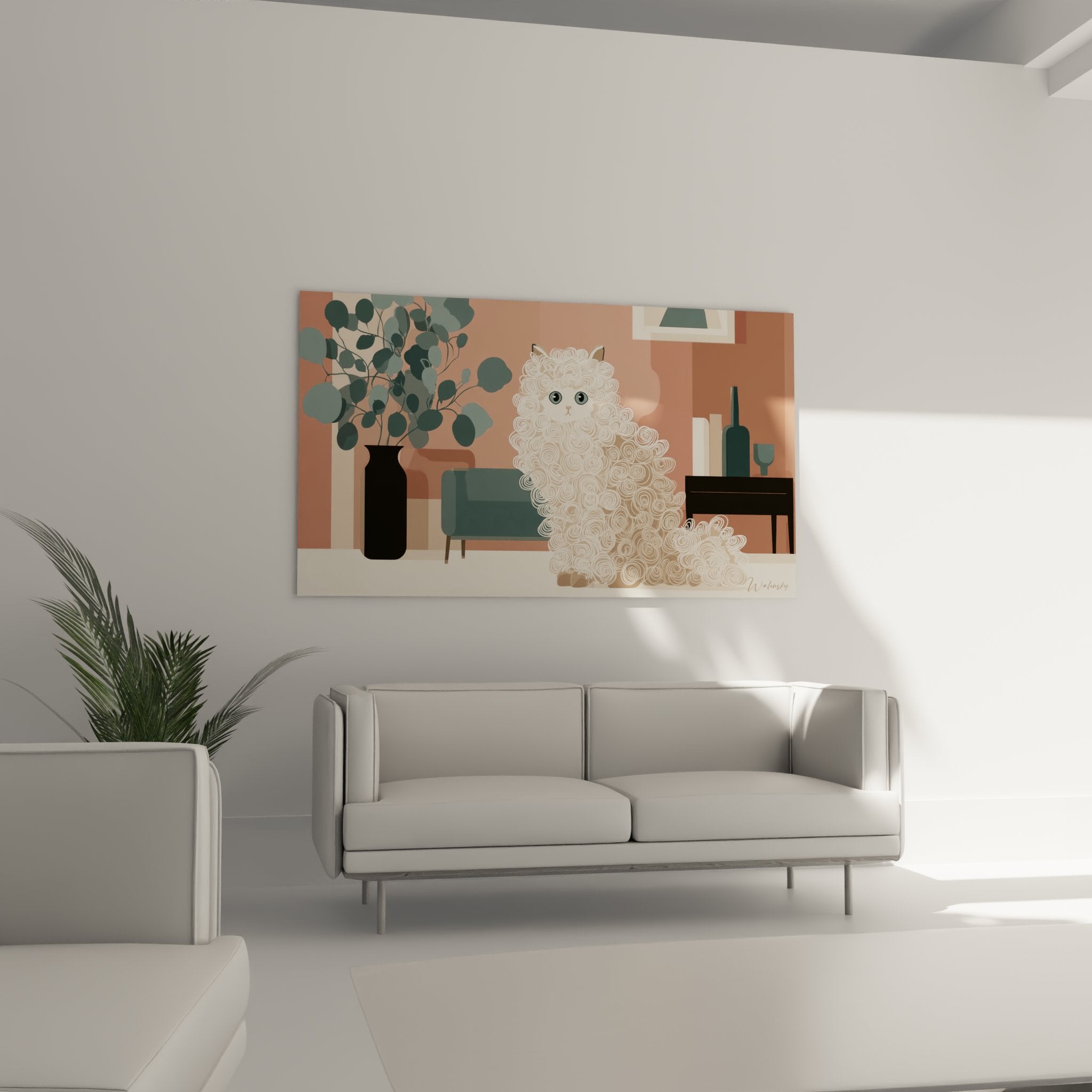 Close-up illustration Selkirk Rex cat curly coat golden spirals blue eyes gentle expression wall art