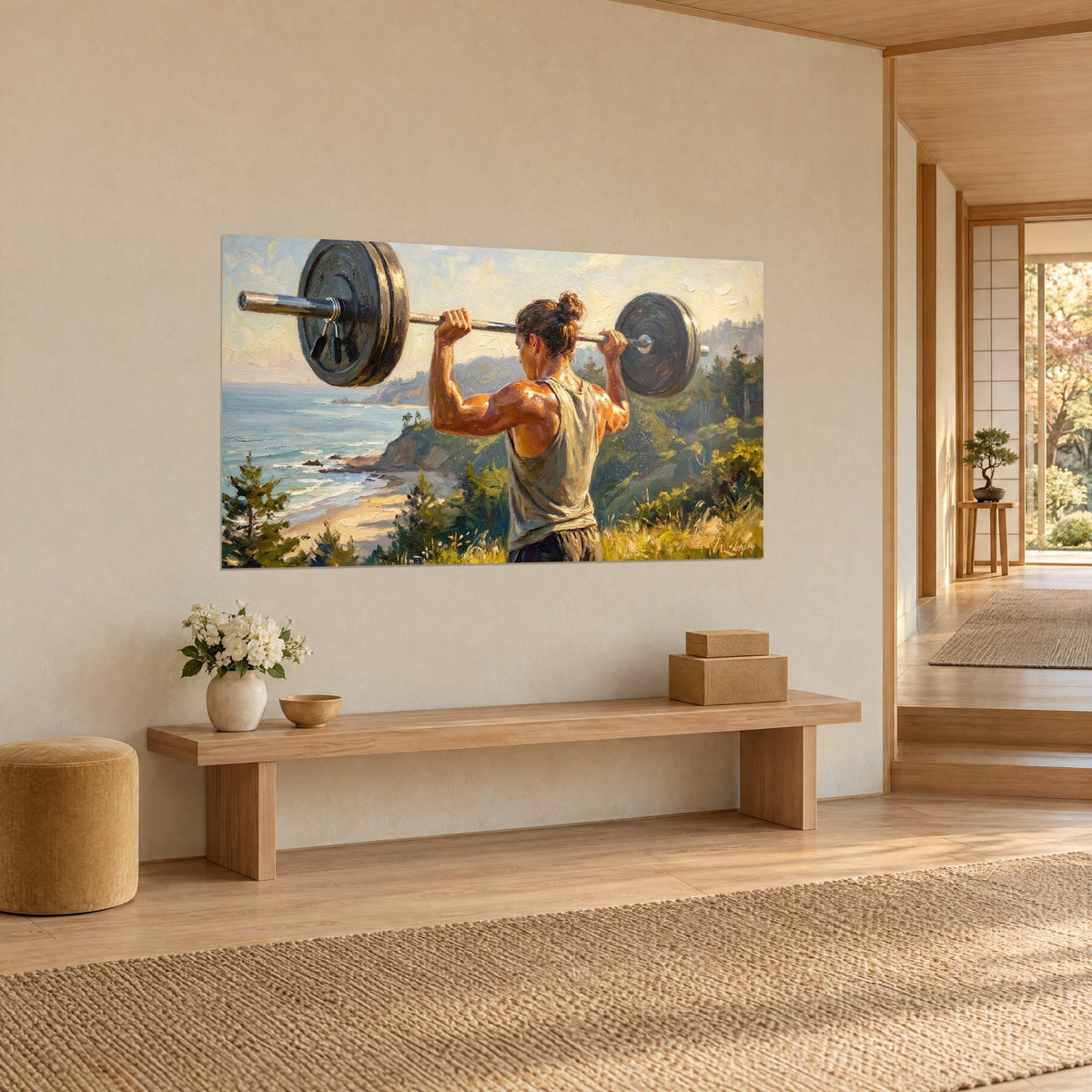 Tableau athlète au chignon brun, barre et disques noirs levés, falaise verte et plage ocre, sur un mur beige en vue de trois-quarts