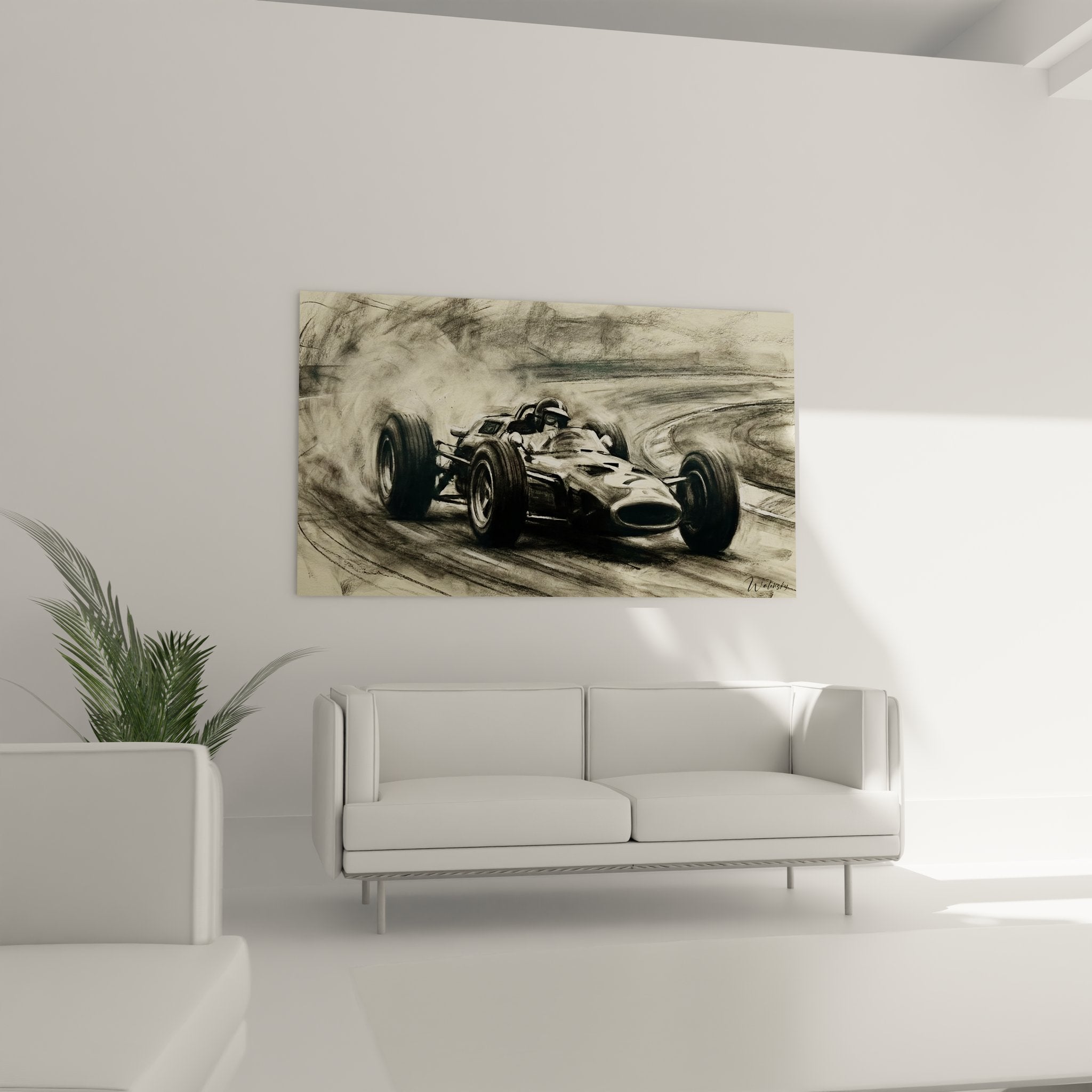 Detail tableau course F1 vintage dessin fusain monoplace pilote cockpit art automobile noir blanc