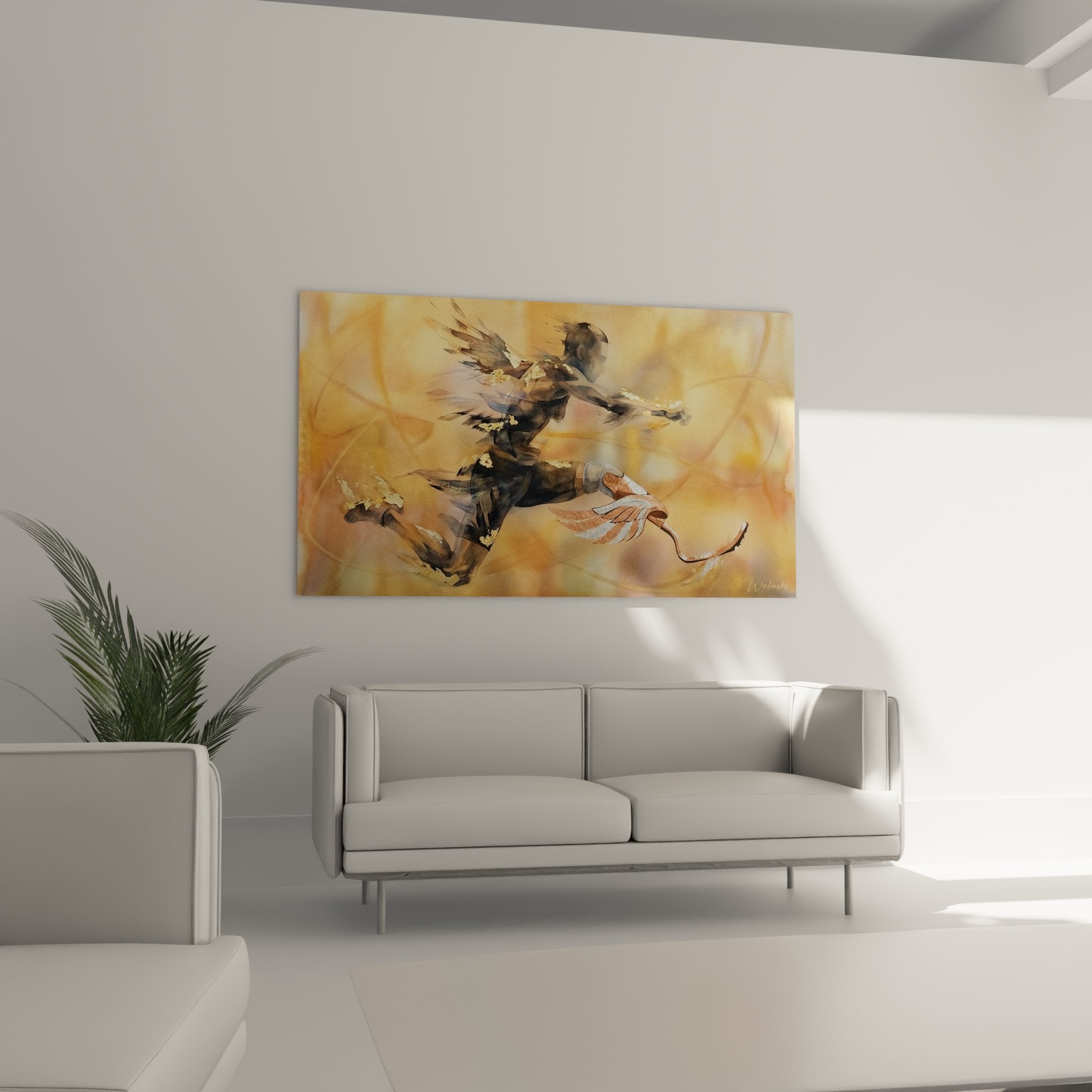 Détail rapproché peinture aquarelle athlète paralympique transformation prothèses en ailes artistiques