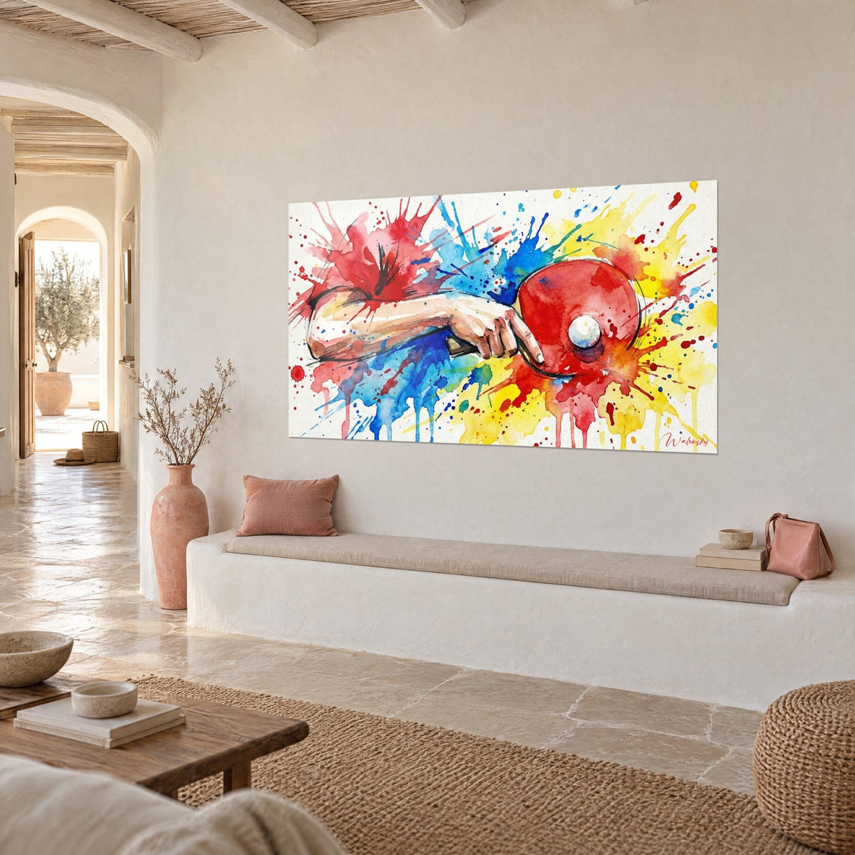Wall art table tennis player in watercolour, white ball on vermilion paddle, cyan stains, rough-cast wall of a Mediterranean house