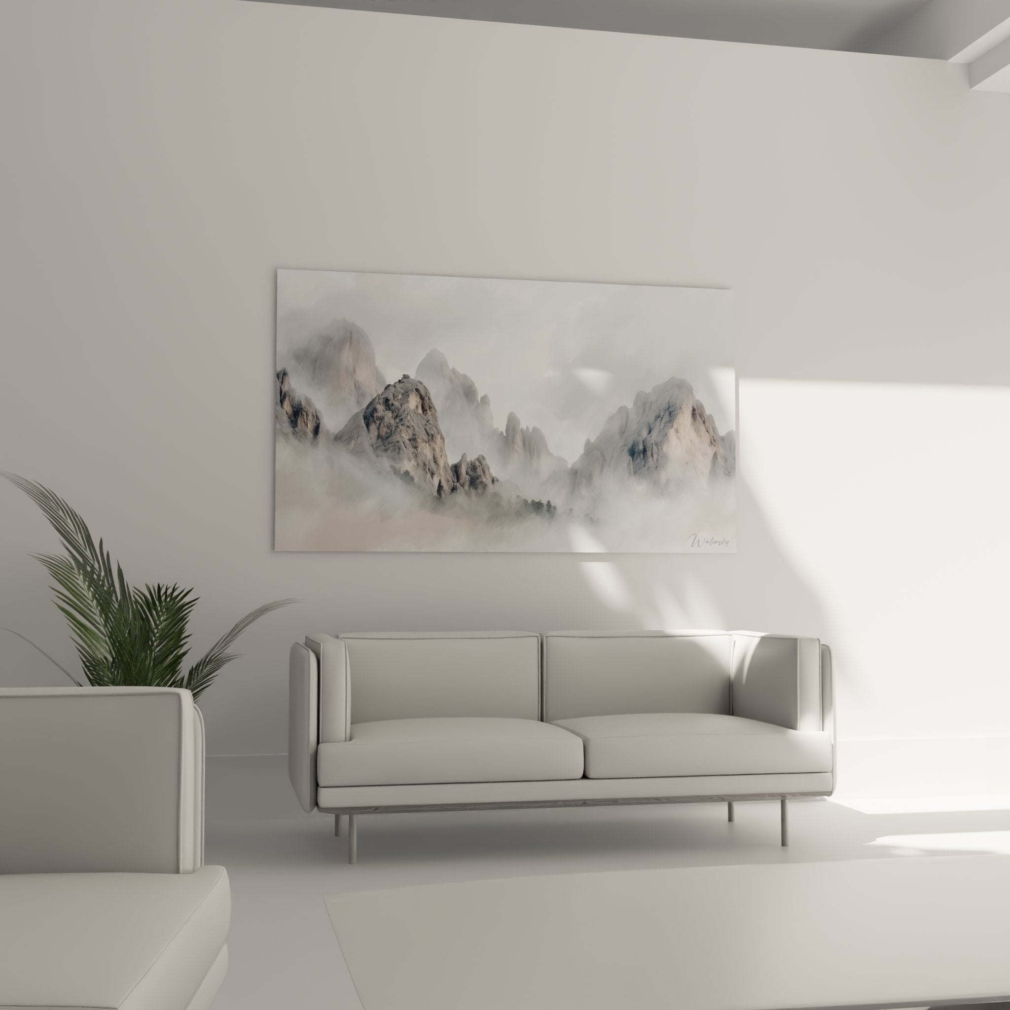 Close-up detail of misty mountain artwork with rocky texture and vaporous clouds, contemporary wall art