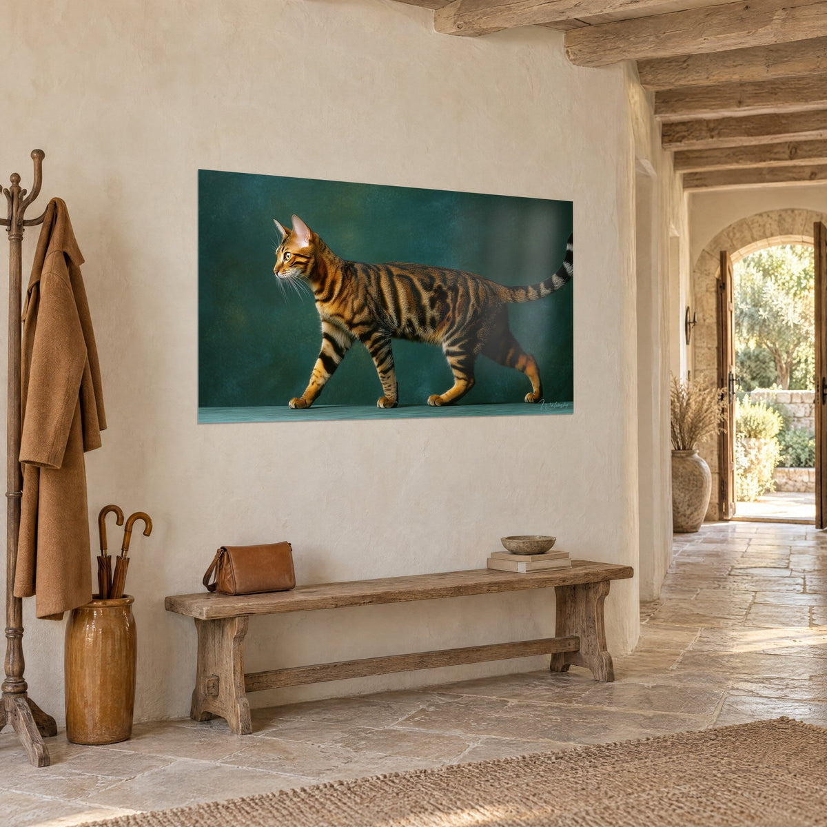 Wall art of a tabby cat with a supple stride, copper coat with brown stripes on an emerald background, placed beside a rustic wooden bench