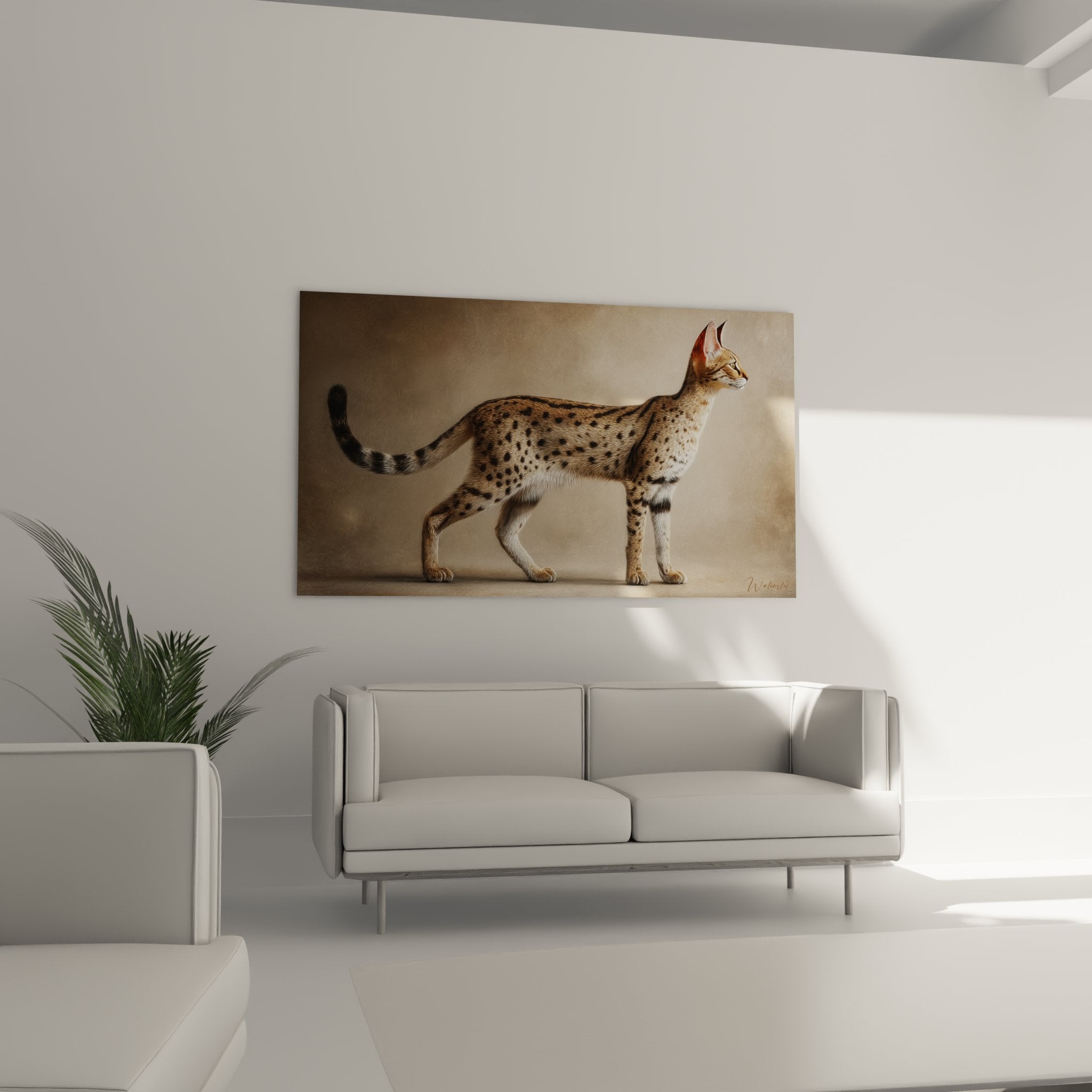 Primo piano sui dettagli del mantello maculato e l'espressione nobile del gatto Serengeti del quadro