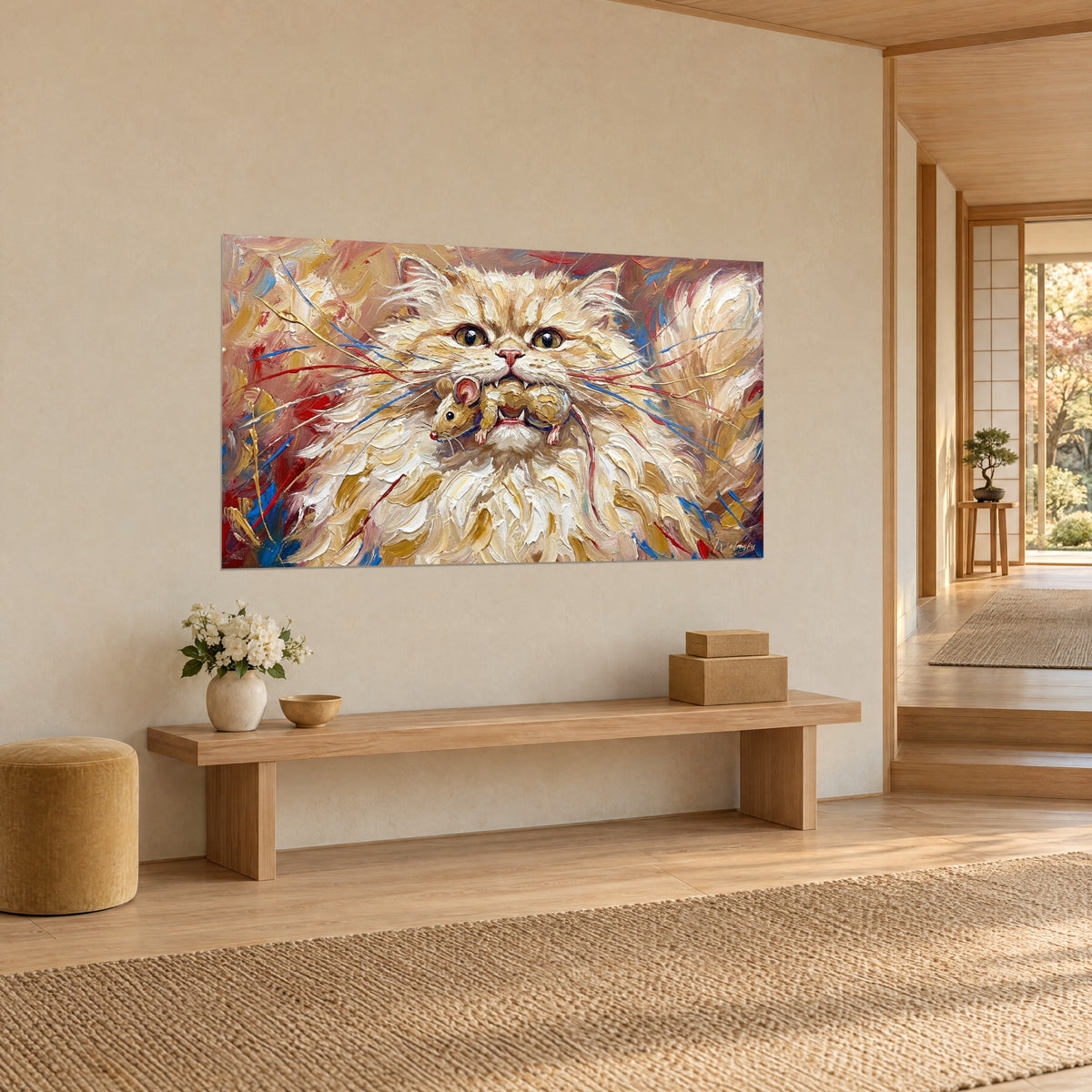 Wall art of an ivory-furred Angora cat in thick impasto strokes, blue and red whiskers, beige wall and light wood bench