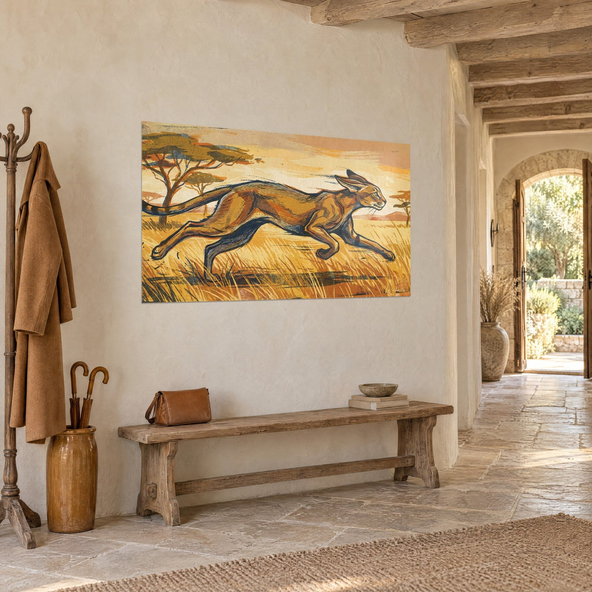 Cuadro de un caracal esbelto de grandes orejas, sabana amarilla miel y acacias verdes, muro de piedra de una casa de campo