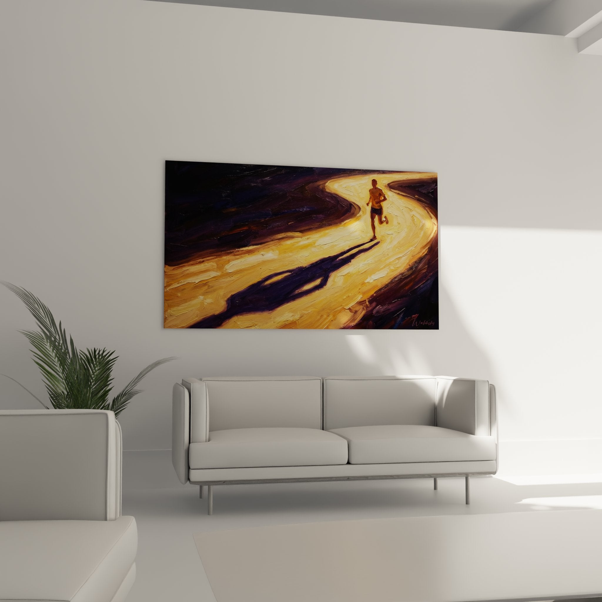 Détail peinture texturée coureur running, technique impasto sur toile décorative moderne