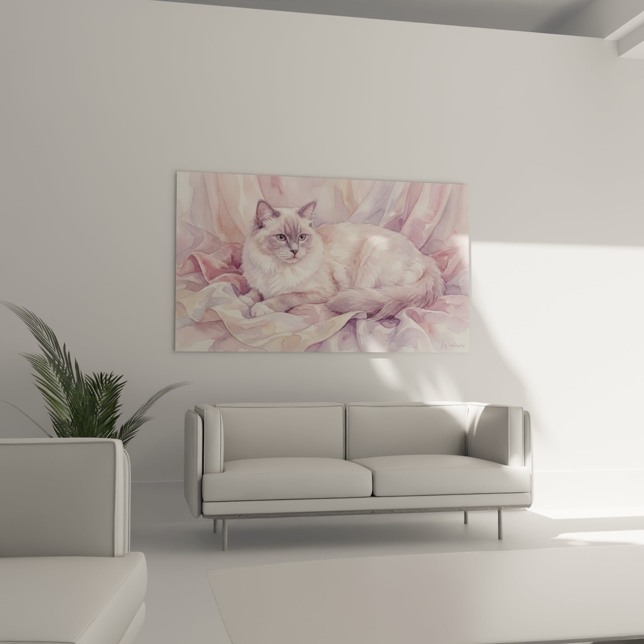 Dettaglio acquerello gatto Ragdoll, tecnica pittura delicata toni pastello rosa viola, occhi blu espressivi