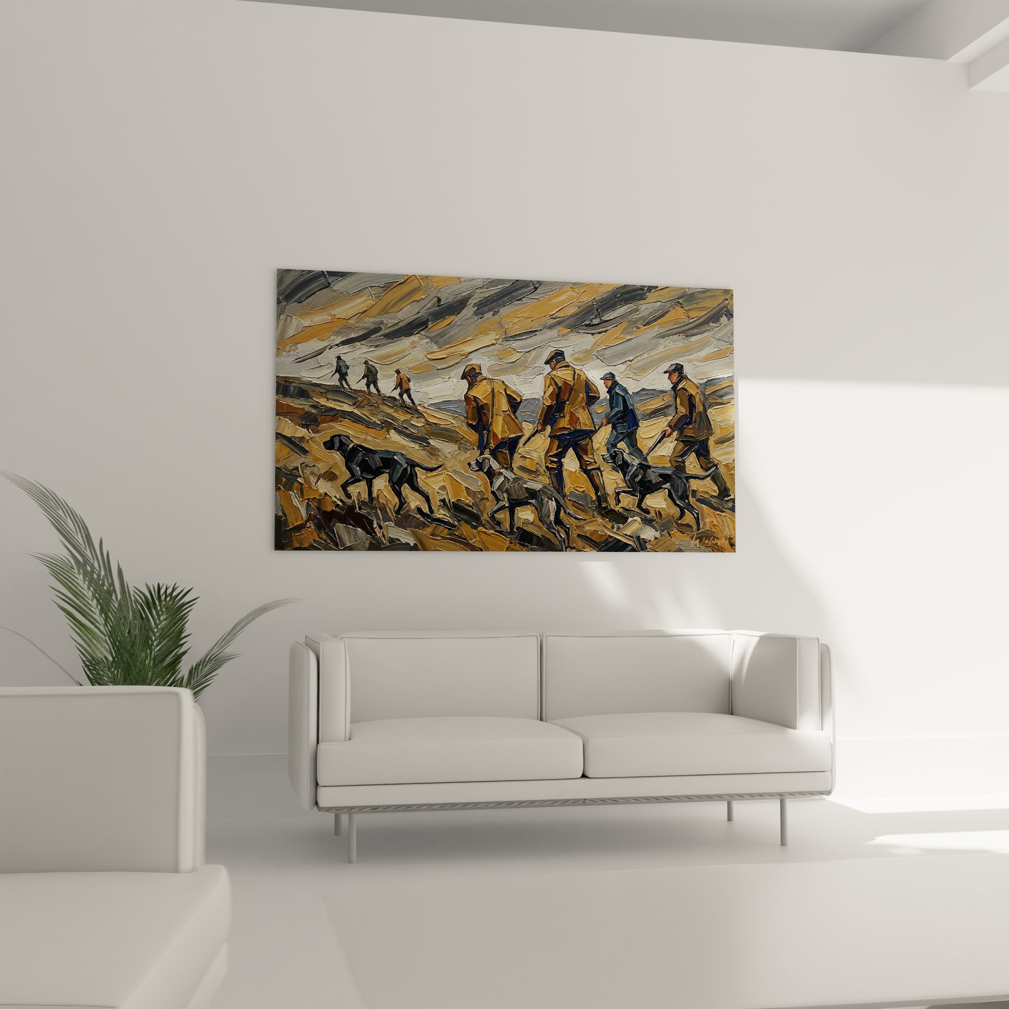 Detail peinture chasseurs chiens montagne technique empâtement coups pinceau expressifs