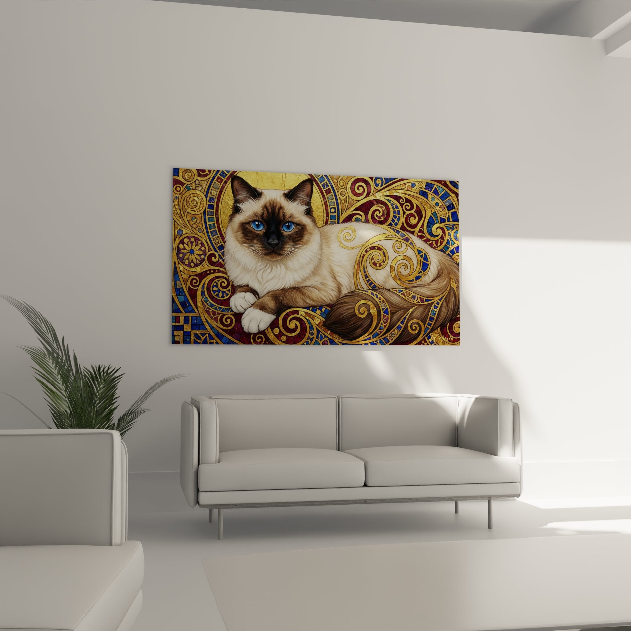 Dettaglio ravvicinato gatto Birmano occhi azzurri quadro, mantello color crema e marcature colorpoint, stile arte decorativa dorata