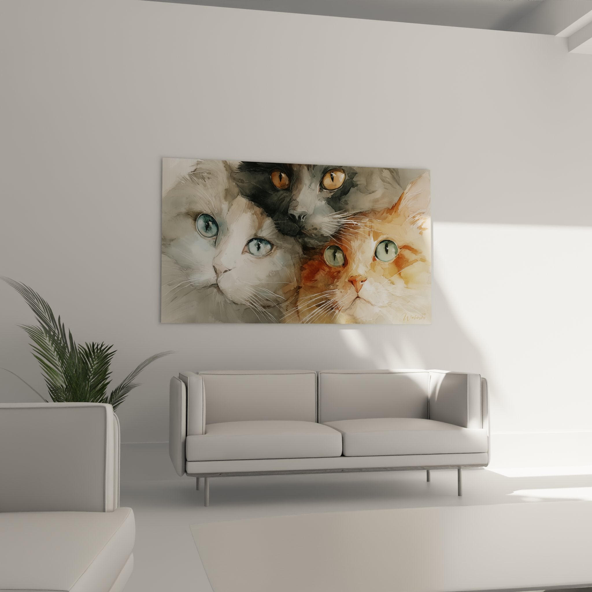 Gros plan sur les détails picturaux du tableau de chats, texture peinture et regards expressifs des félins
