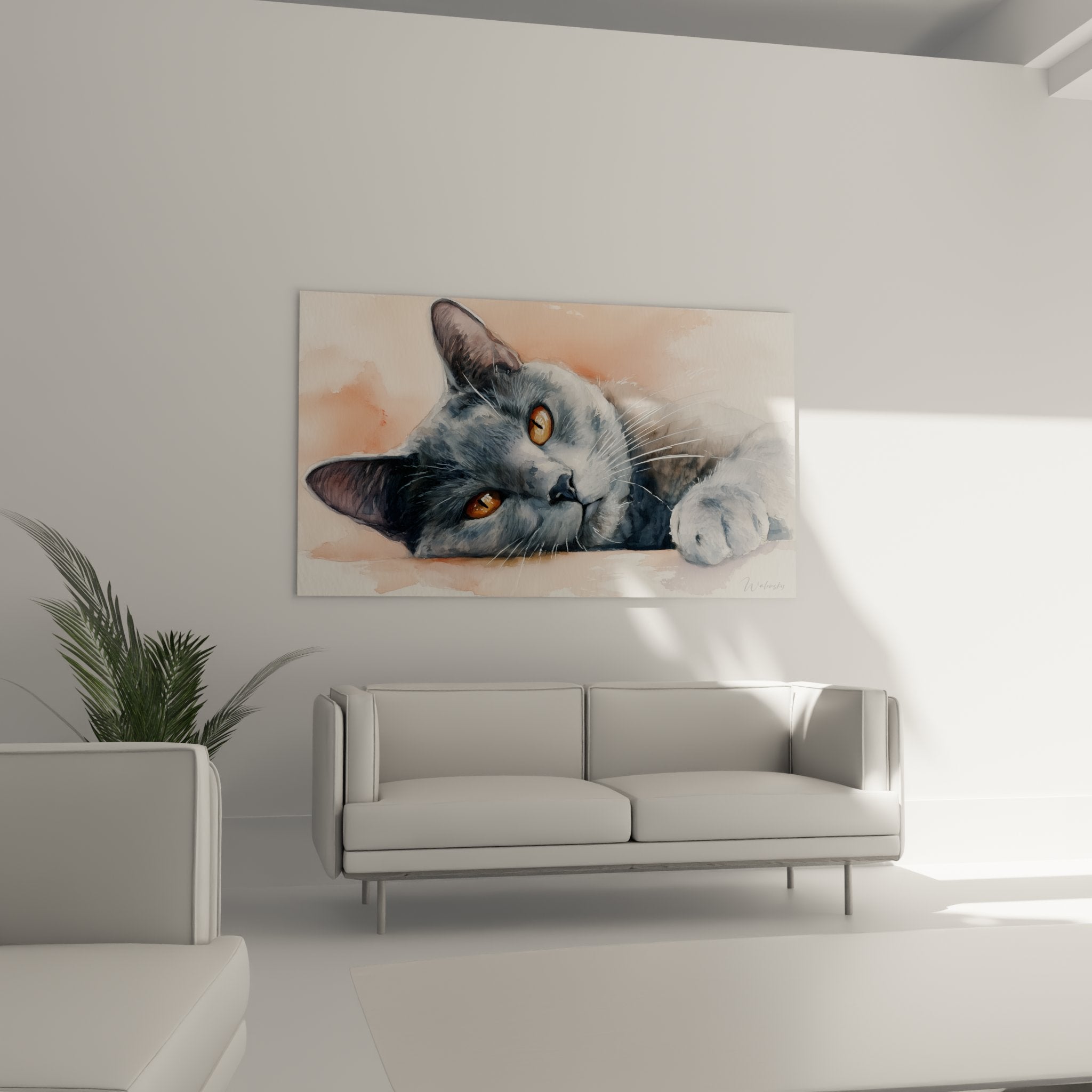 Gros plan tableau chat Chartreux yeux ambres pelage gris-bleu aquarelle details moustaches blanches