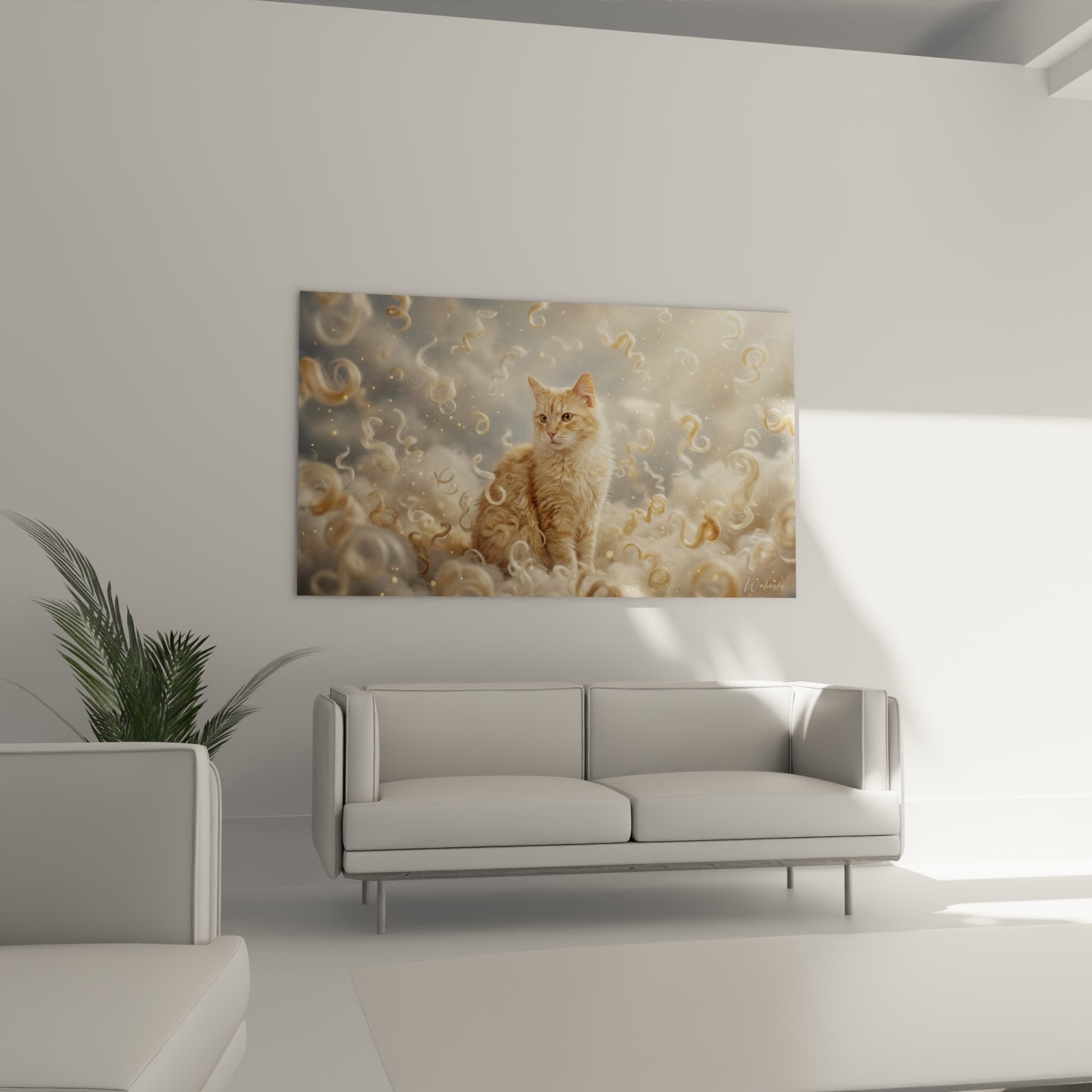 Primo piano del quadro gatto LaPerm che mostra i dettagli del manto riccio rosso e degli occhi verdi su sfondo dorato luminoso