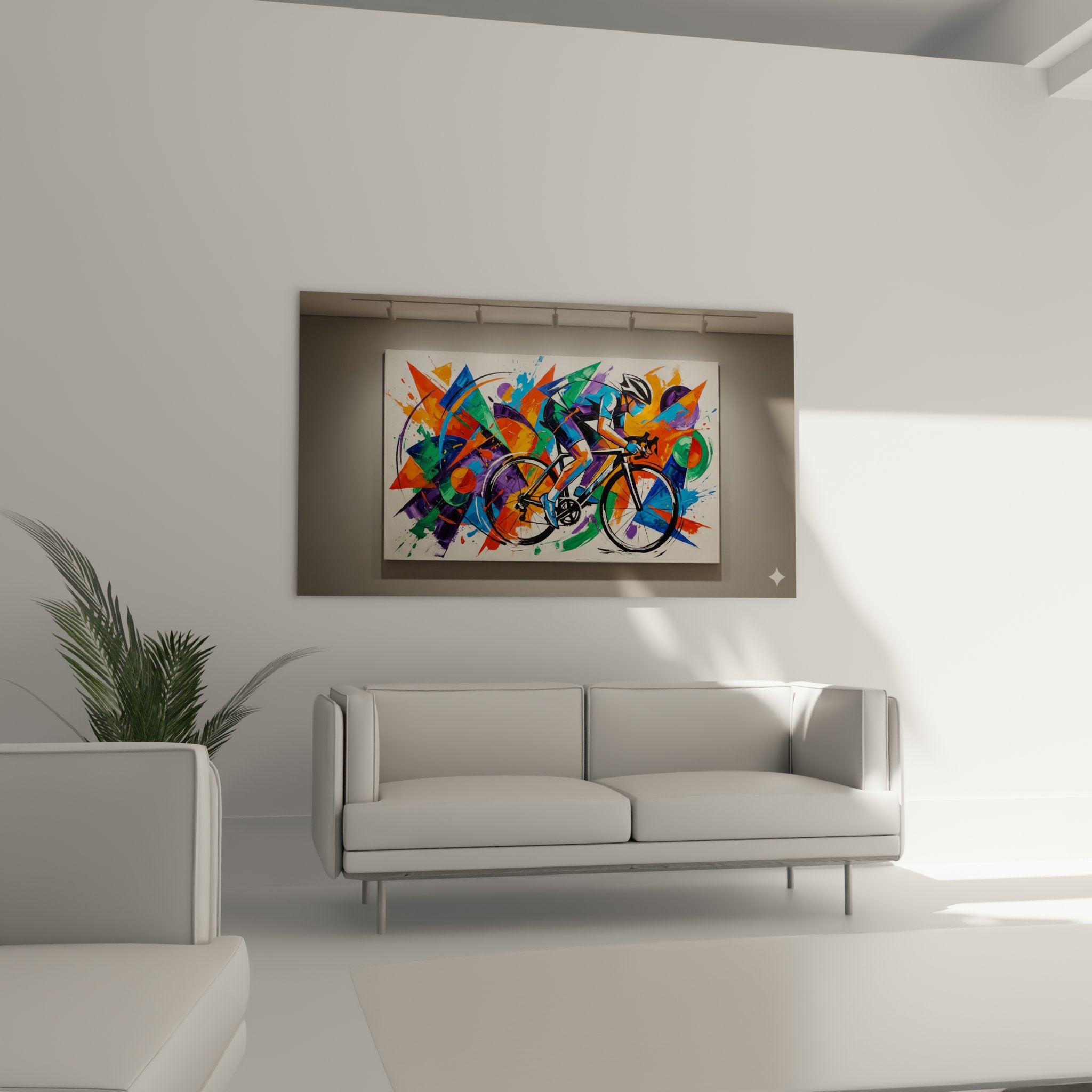 Détail rapproché tableau VTT abstrait montrant textures peinture et formes géométriques colorées explosives