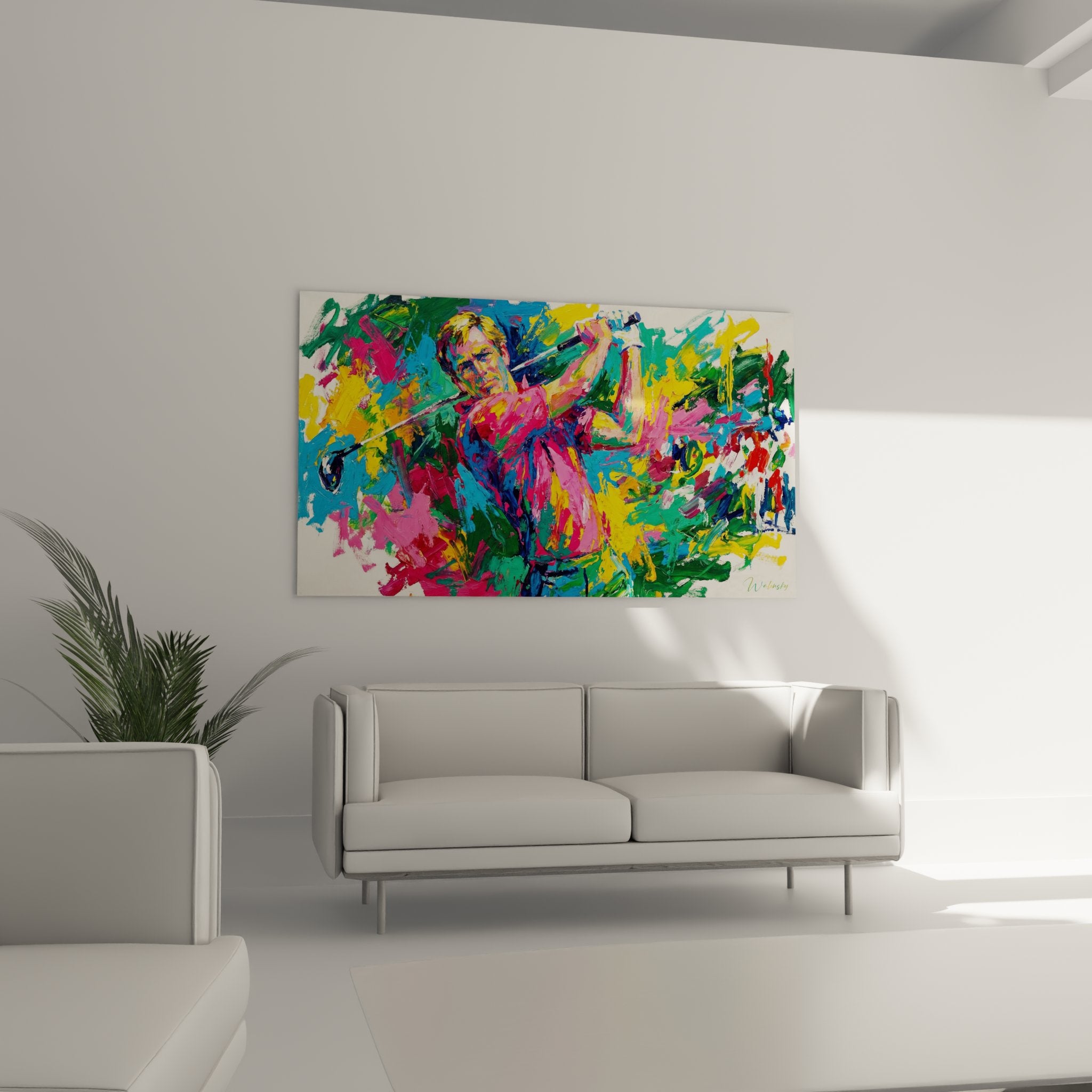 Détail rapproché du tableau golfeur swing montrant la technique picturale et les couleurs vives mélangées