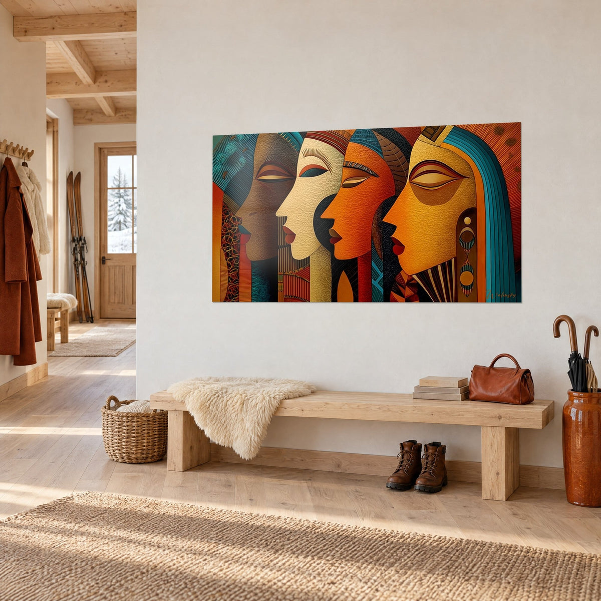 Tableau quatre masques de profil aux paupières closes, tons cuivre et crème, mur blanc d'une entrée en bois clair du chalet