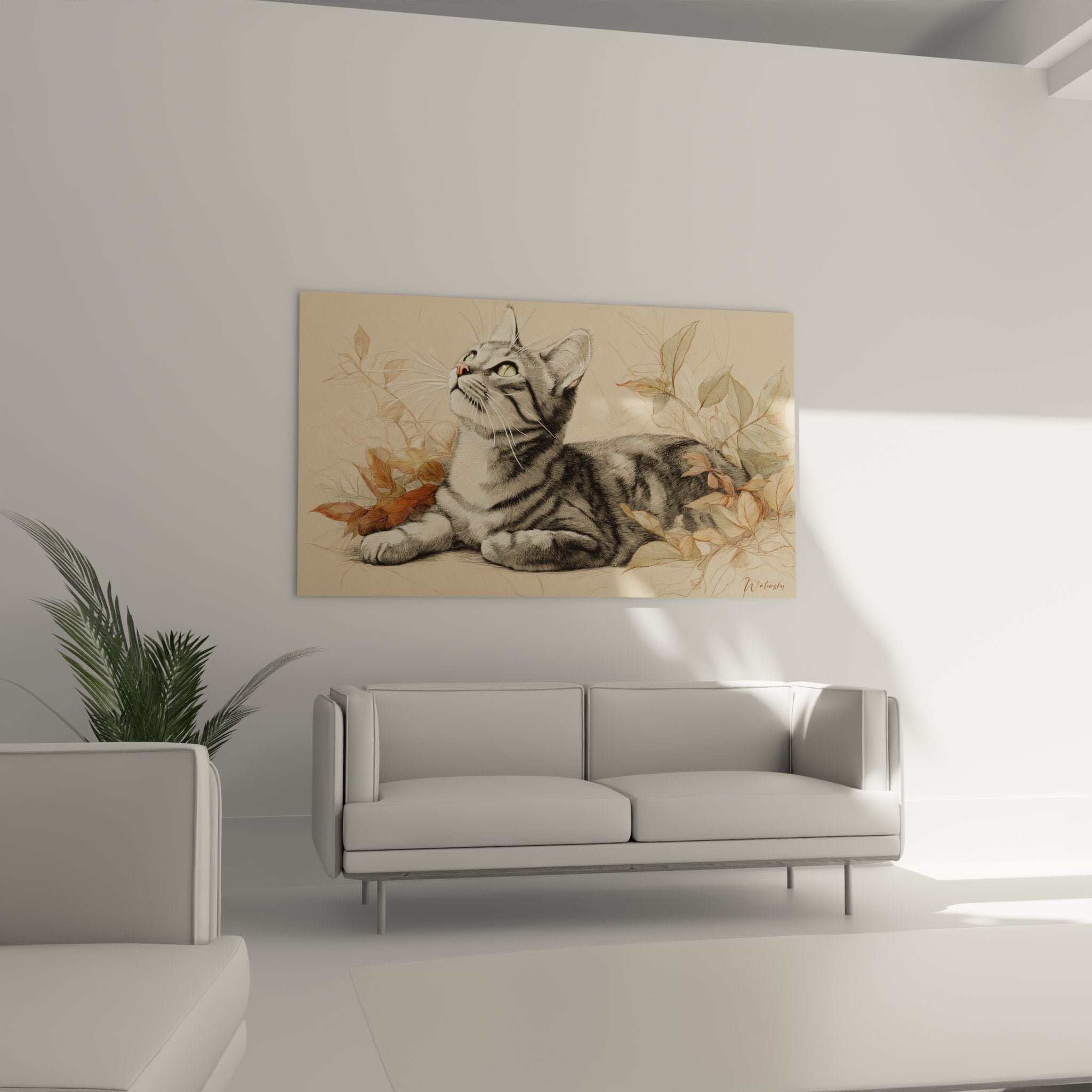 Detail proche tableau chat American Shorthair yeux verts pelage tigre texture artistique feuilles cuivrees