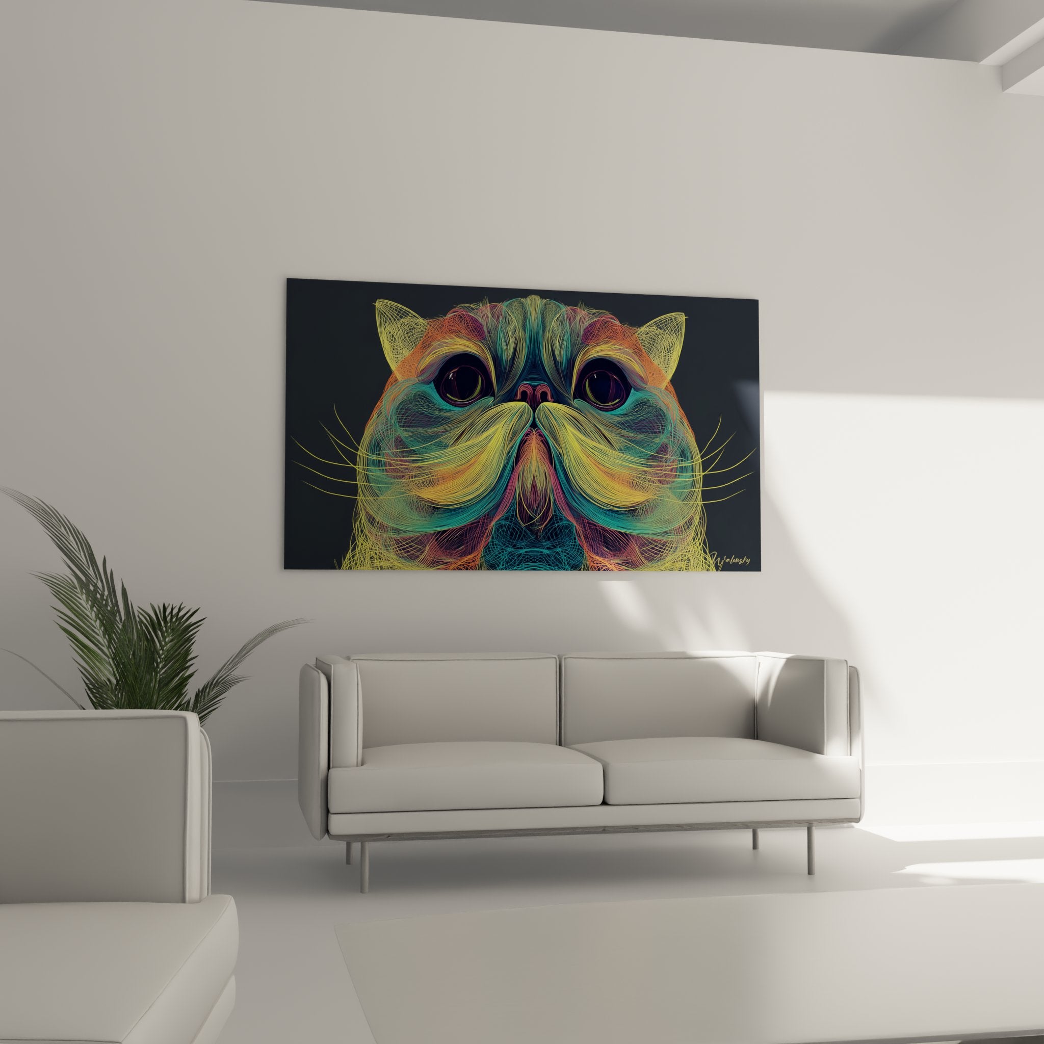 Nahaufnahme der Details des Exotic Shorthair Katzen-Kunstwerks mit digitaler Kunst, farbigen Linien und ausdrucksstarken Augen